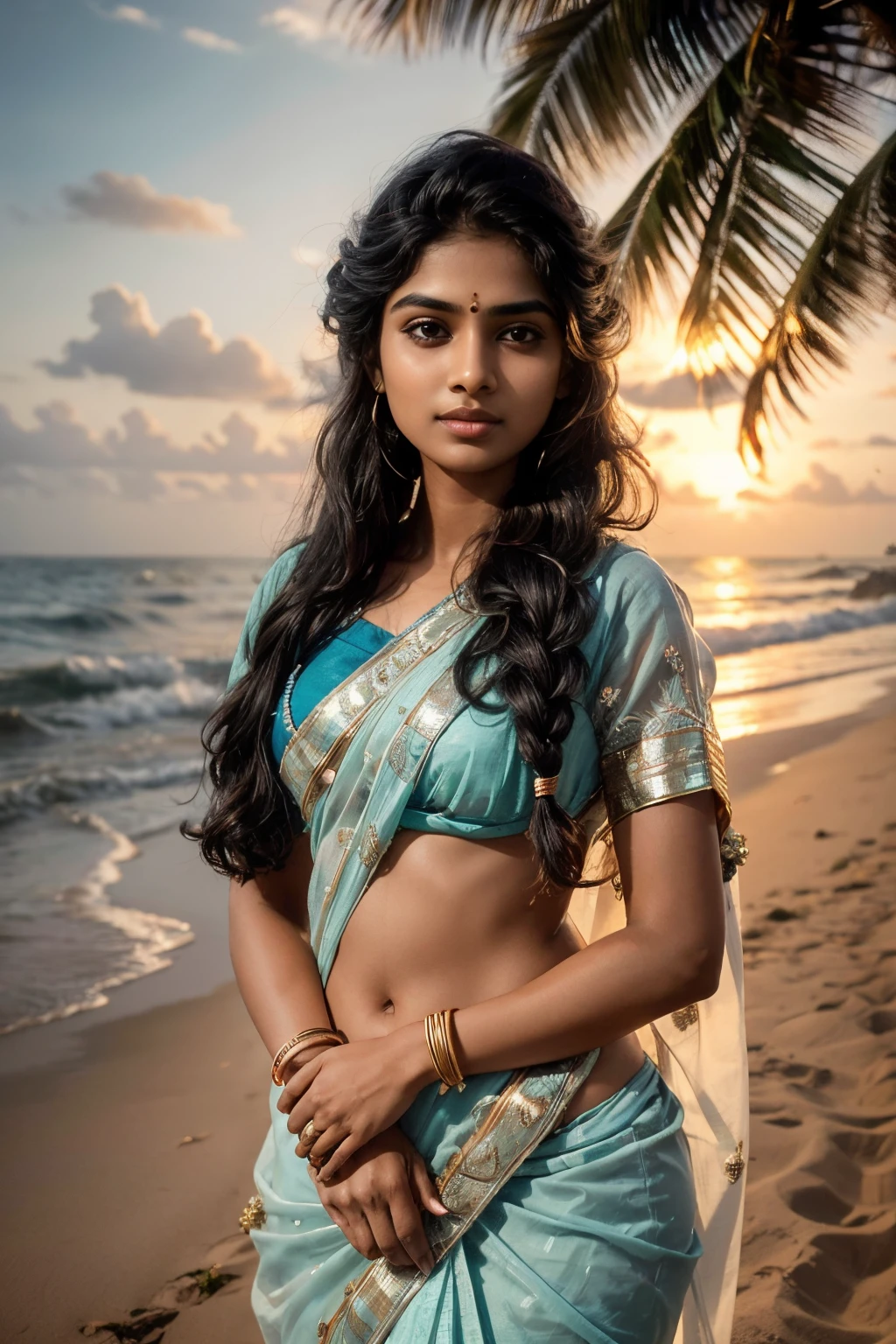 Very Indian Woman, portrait, 20 year old, , blouse and saree, dusk and sunset, tropical ocean beach sand, coconut trees, royal, detailed body, detailed face, traditional, gorgeous, ultra realistic, charming, cute, long braided hair, ambient lighting, winter, detailed background, volumetric lighting, shadow, 8k