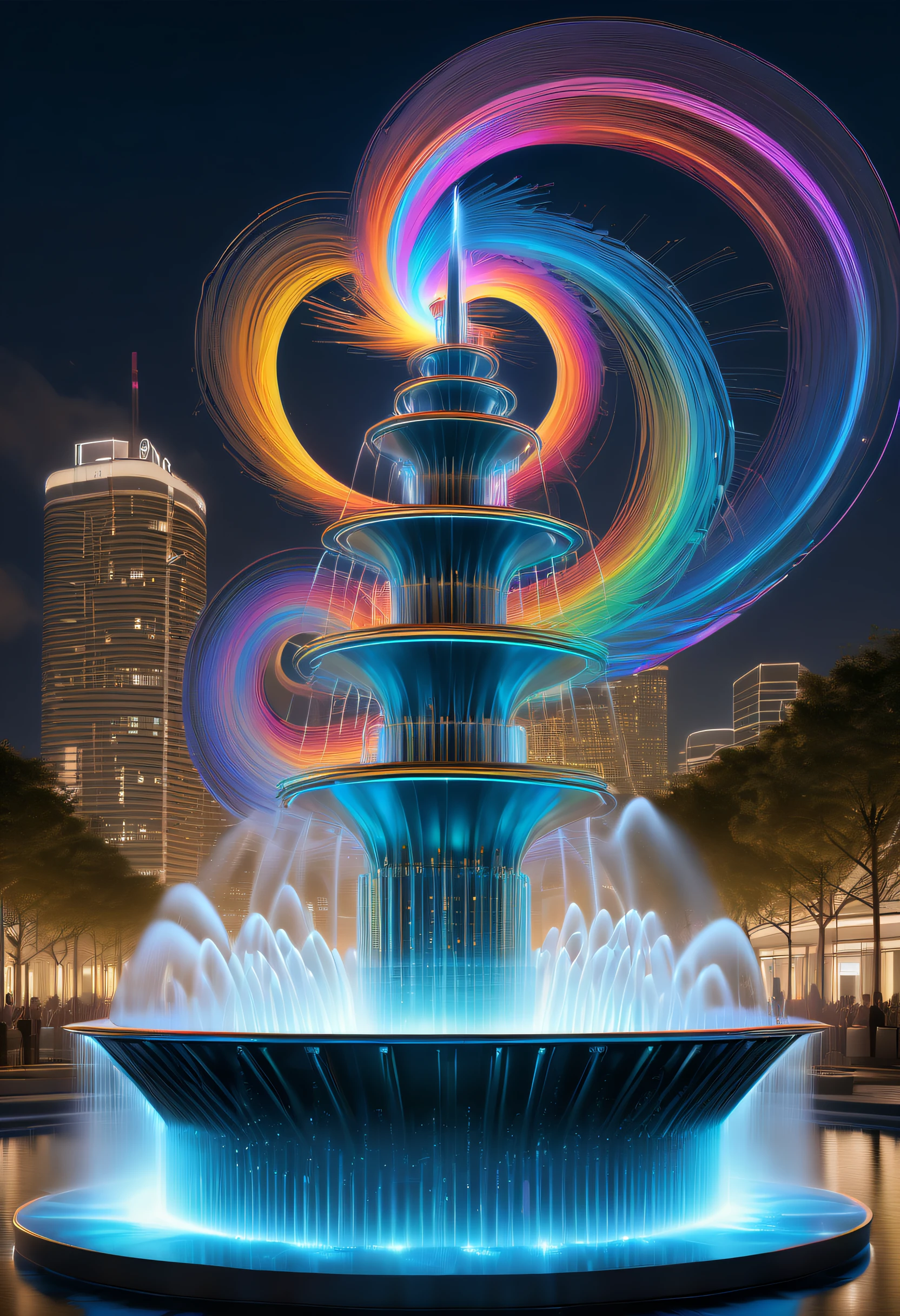 Spectacular futuristic sci-fi night fountain。Fountain erupts from steam engine,sparkling silver water column,The entire fountain looks mysterious and high-tech。 The shape of the water column in the fountain is also very futuristic.,(line art:1.5),Colored lines,Figures woven with metal threads,braided with metal thread,model shoot style,abstract painting, (extremely detaild的 CG unified 8k wallpapers), A chaotic storm of lines rises from a complex rainbow of smoke overhead, Stylized abstract portrait of beautiful girl,heavy metal style,postmodern industrial style,ultra-realistic realism,Image of beautiful woman sculpture made from thin metal wire, golden curve structure, Woman sculpture made of wire, Spiral dripping gold, Metal curve composition, Winding streets, abstract female sculpture, Small whirlpools, abstract sculpture, twist, Rotated, complex metal wires, spirals, long exposure photos, line sleek, complex light