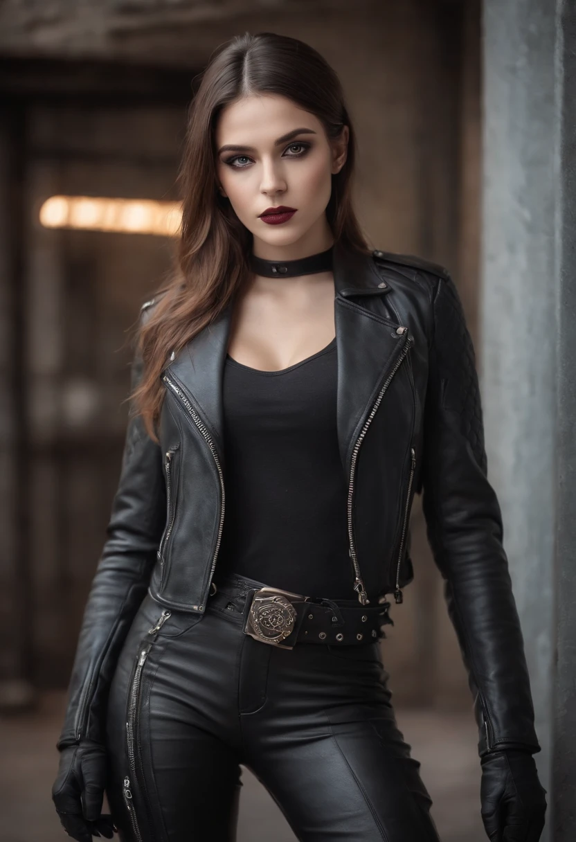 Young woman, Full length photograph, European model, footwear, High leather boots, a Harley Davison 88 motorcycle, Heavy metal style, clothing, sexy, Sensual, difficult, Sideways glance. (Best quality, 4k, 8k, High resolutions, Masterpiece:1.2), Ultra detailed, (realistic, photorealistic, photorealistic:1.37), Portraits, dark atmosphere, vibrant colors, Leather suit, Metal accessories, black makeup, Look intense, rebellious attitude, avant-garde hairstyle, spectacular lighting.