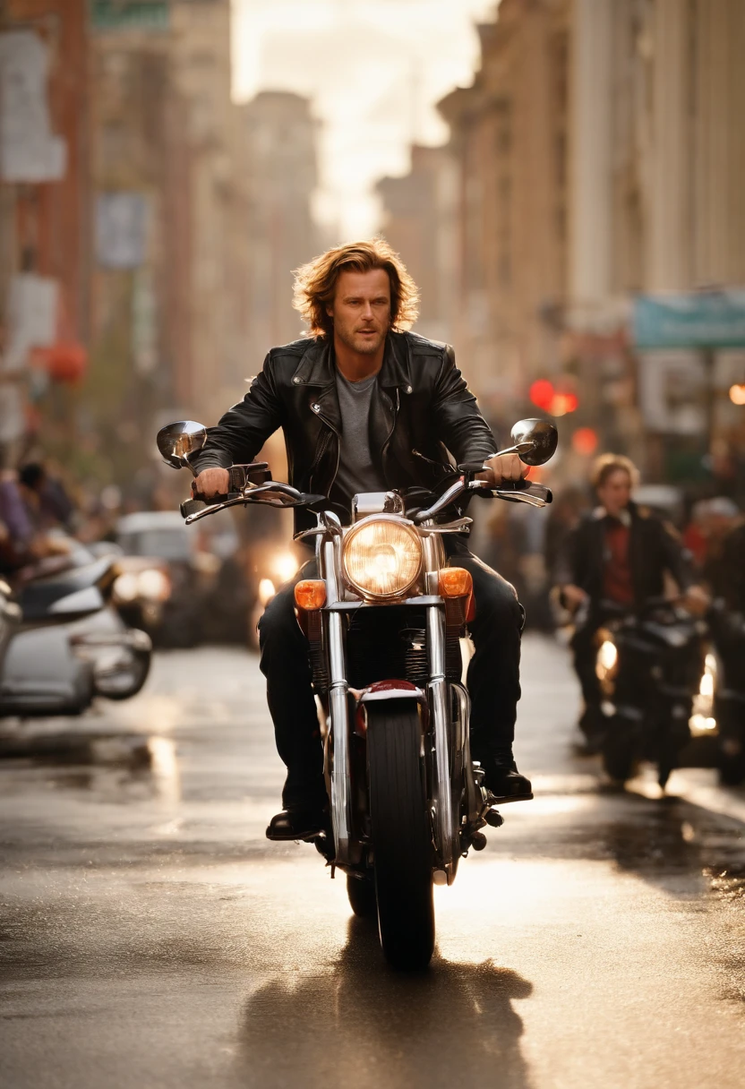 A photo of him wearing a leather jacket and riding a motorcycle through a red light at a busy intersection,Wedding Crashers (2005),Chazz Reinhold, a character in “Wedding Crashers,” is portrayed as an eccentric and over-the-top individual, embracing an extreme lifestyle of crashing events. He has a disheveled appearance, often seen in casual and somewhat out-of-date clothing, reflecting his disregard for social norms and conventions. Chazz’s long, unkempt hair and scruffy facial hair add to his unconventional and carefree image.