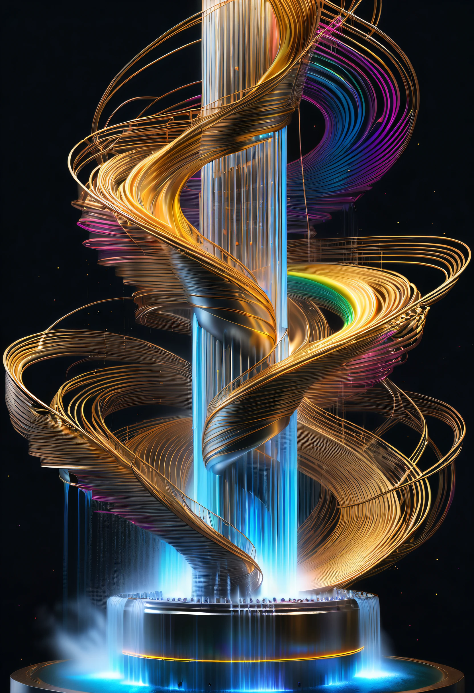 Spectacular futuristic sci-fi night fountain。Fountain erupts from steam engine,sparkling silver water column,The entire fountain looks mysterious and high-tech。 The shape of the water column in the fountain is also very futuristic.,(line art:1.5),Colored lines,Figures woven with metal threads,braided with metal thread,model shoot style,abstract painting, (extremely detaild的 CG unified 8k wallpapers), A chaotic storm of lines rises from a complex rainbow of smoke overhead, Stylized abstract portrait of beautiful girl,heavy metal style,postmodern industrial style,ultra-realistic realism,Image of beautiful woman sculpture made from thin metal wire, golden curve structure, Woman sculpture made of wire, Spiral dripping gold, Metal curve composition, Winding streets, abstract female sculpture, Small whirlpools, abstract sculpture, twist, Rotated, complex metal wires, spirals, long exposure photos, line sleek, complex light