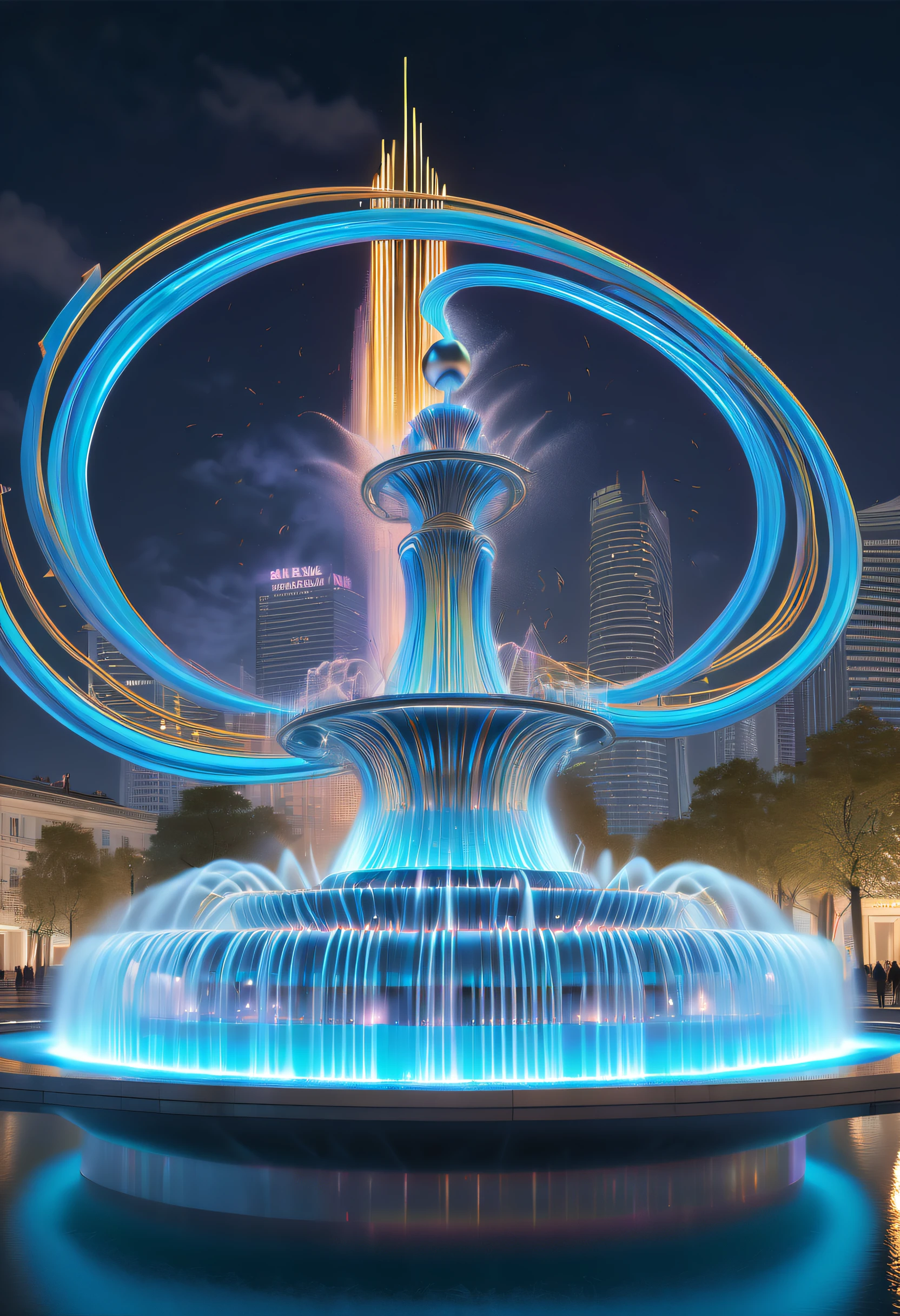 Spectacular futuristic sci-fi night fountain。Fountain erupts from steam engine，sparkling silver water column，The entire fountain looks mysterious and high-tech。 The shape of the water column in the fountain is also very futuristic.，(line art:1.5)，Colored lines，Figures woven with metal threads，braided with metal thread，model shoot style,abstract painting, (extremely detaild的 CG unified 8k wallpapers), A chaotic storm of lines rises from a complex rainbow of smoke overhead, Stylized abstract portrait of beautiful girl,heavy metal style，postmodern industrial style，ultra-realistic realism，Image of beautiful woman sculpture made from thin metal wire, golden curve structure, Woman sculpture made of wire, Spiral dripping gold, Metal curve composition, Winding streets, abstract female sculpture, Small whirlpools, abstract sculpture, twist, Rotated, complex metal wires, spirals, long exposure photos, line sleek, complex light