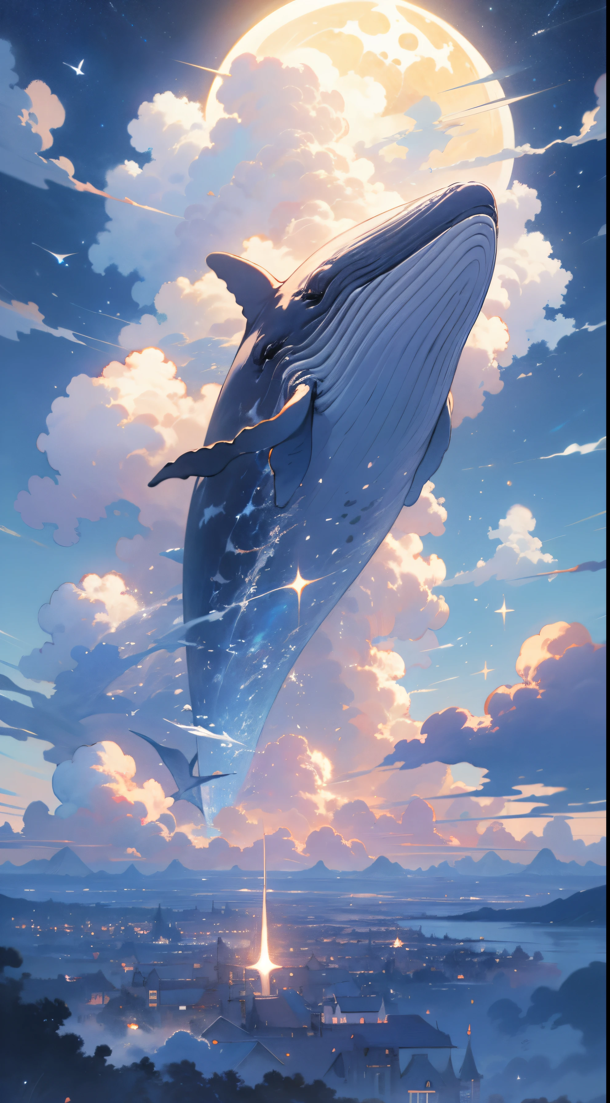 humpback, cloud,(building), sky, moon, star (sky), scenery, no humans, starry sky, night, fish, night sky, full moon, cloudy sky, outdoors, fantasy