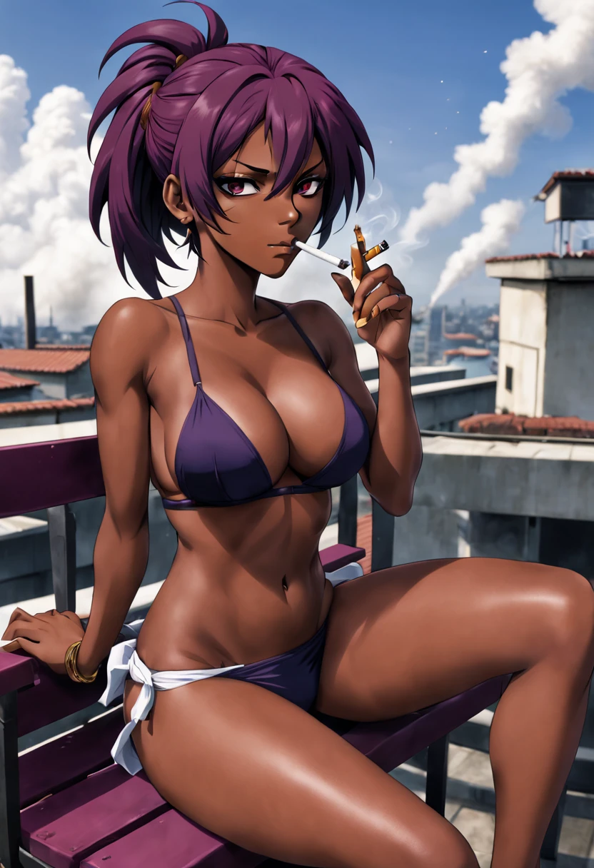 revy black lagoon, yoruichi shihoin bleach, revy, yoruichi, anime machine gun fire, anime girl with purple hair sitting on a bench, dark skin, big breasts, sits on a rooftop, anime girl in a bikini, female action anime girl, cigarette, (smoking:1.5)