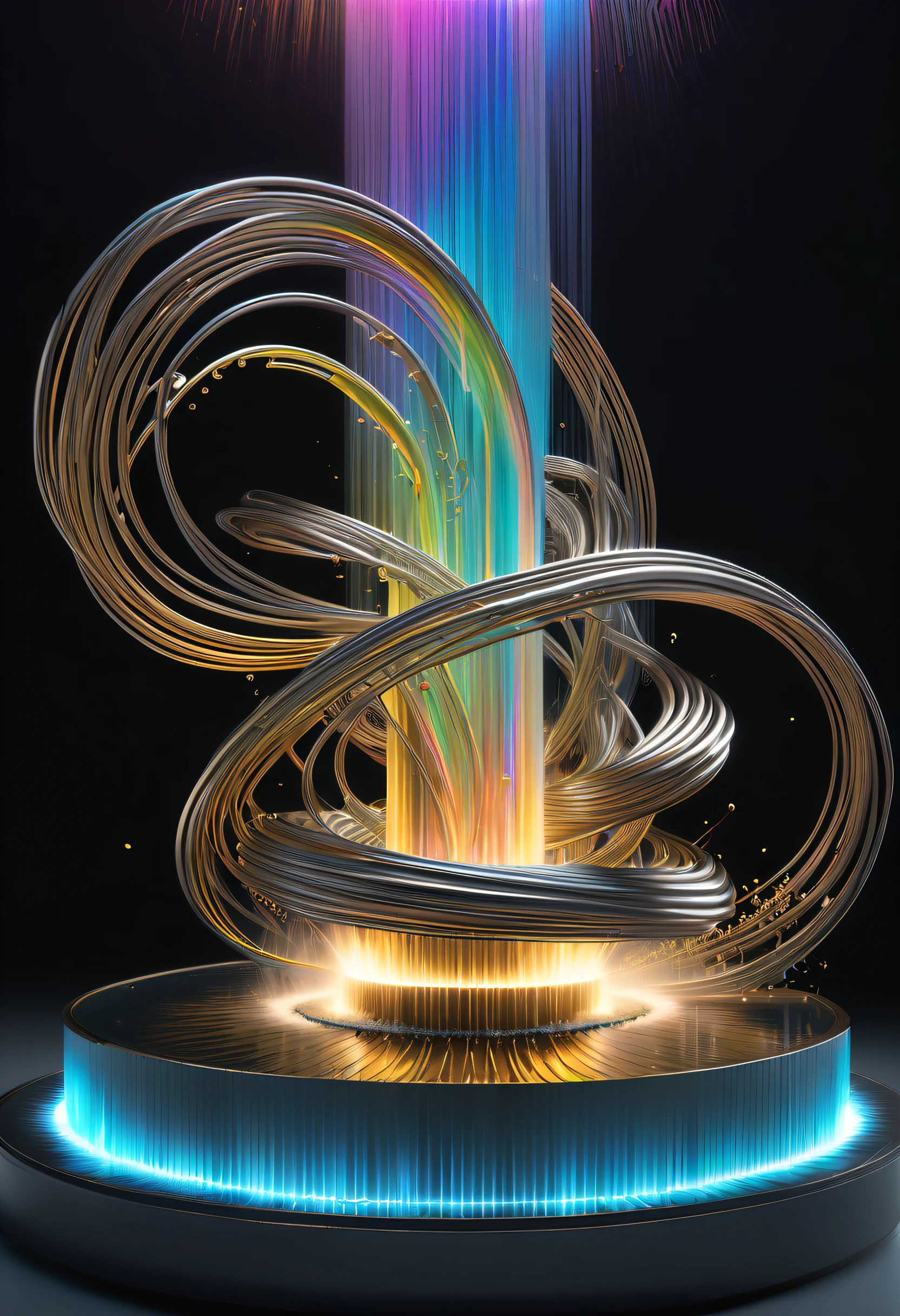 Spectacular futuristic sci-fi night fountain。Fountain erupts from steam engine,sparkling silver water column,The entire fountain looks mysterious and high-tech。 The shape of the water column in the fountain is also very futuristic.,(line art:1.5),Colored lines,Figures woven with metal threads,braided with metal thread,model shoot style,abstract painting, (extremely detaild的 CG unified 8k wallpapers), A chaotic storm of lines rises from a complex rainbow of smoke overhead, Stylized abstract portrait of beautiful girl,heavy metal style,postmodern industrial style,ultra-realistic realism,Image of beautiful woman sculpture made from thin metal wire, golden curve structure, Woman sculpture made of wire, Spiral dripping gold, Metal curve composition, Winding streets, abstract female sculpture, Small whirlpools, abstract sculpture, twist, Rotated, complex metal wires, spirals, long exposure photos, line sleek, complex light