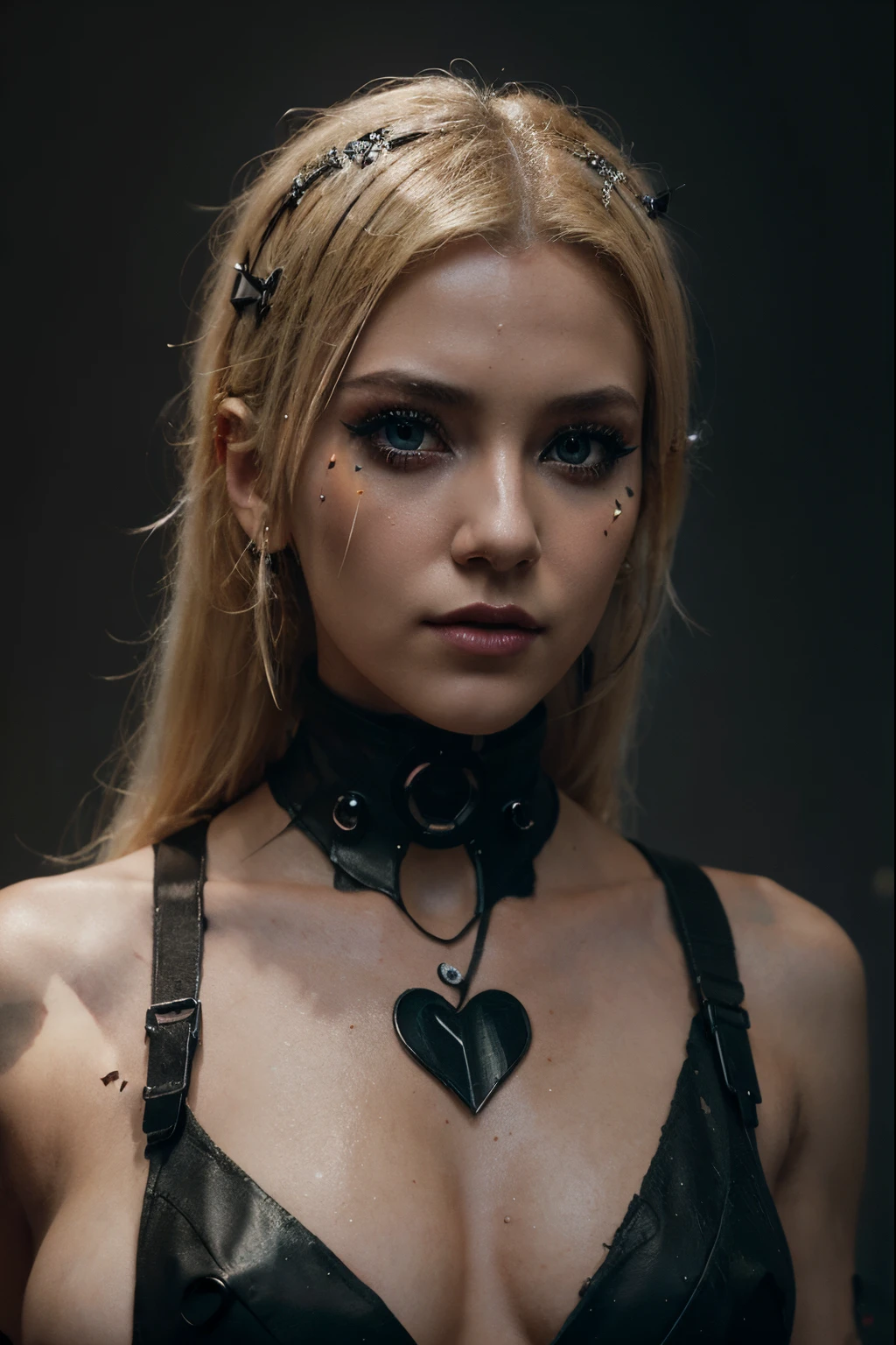 A beautiful and sweet cyberpunk blonde, a digital painting of a woman with Love Makeup with arrows, Heart-shaped makeup, cgsociety, gothic art, dystopian art, detailed painting, behance hd, figurative art, anime aesthetic, deep photography, Ilford HP5 film, crushed blacks, depth of field, dark photo, film grain, shadows, natural light