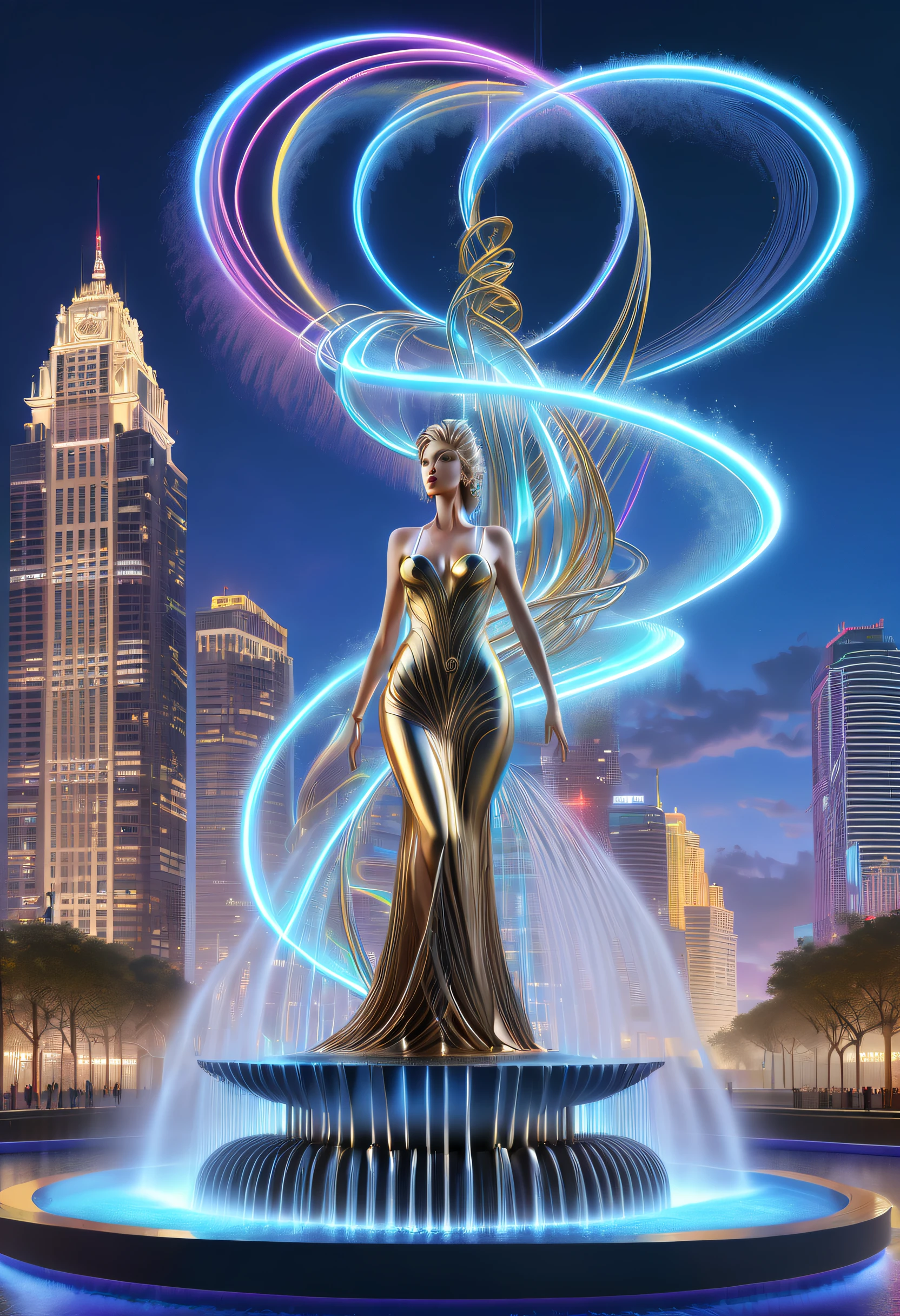 Spectacular futuristic sci-fi night fountain。Fountain erupts from steam engine,sparkling silver water column,(line art:1.5),Colored lines,Figures woven from metal threads in the city square,braided with metal thread,model shoot style,abstract paintings, (extremely detaild的 CG unified 8k wallpapers), A chaotic storm of lines rises from a complex rainbow of smoke overhead, Stylized abstract portrait of beautiful girl,heavy metal style,postmodern industrial style,ultra-realistic realism,Image of beautiful woman sculpture made from thin metal wire, golden curve structure, Woman sculpture made of wire, Spiral dripping gold, Metal curve composition, Winding streets, abstract female sculpture, Small whirlpools, abstract sculpture, twist, Rotated, complex metal wires, spirals, long exposure photos, line sleek, complex light