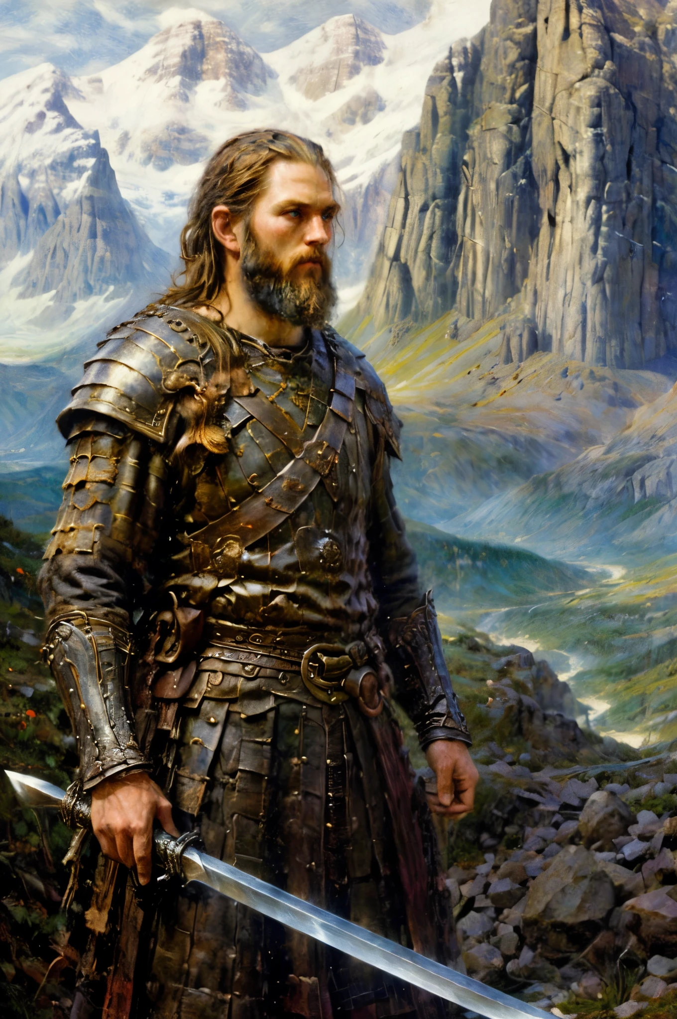 (impressionistic painting 1.5), The image of a man (( with sword in hands)), (pa. Flight 1,3), (Volegova 1,3), Tuomas Baskets, Slavic facial features, beatiful face, The image of a man, Slavic facial features, beatiful face, Beautiful hands, picture of a man in armor, portrait based on Thorarinn B. Torlaksson, Artstation contest winner, Fantasy art, painted portrait of rugged odin, epic viking king, norse god, Scandinavian warrior, portrait of the male god Svarog, Darrell K. Collapsed, viking king, (viking warrior illustration), (against the background of blue sky and mountains) Cyan eyes