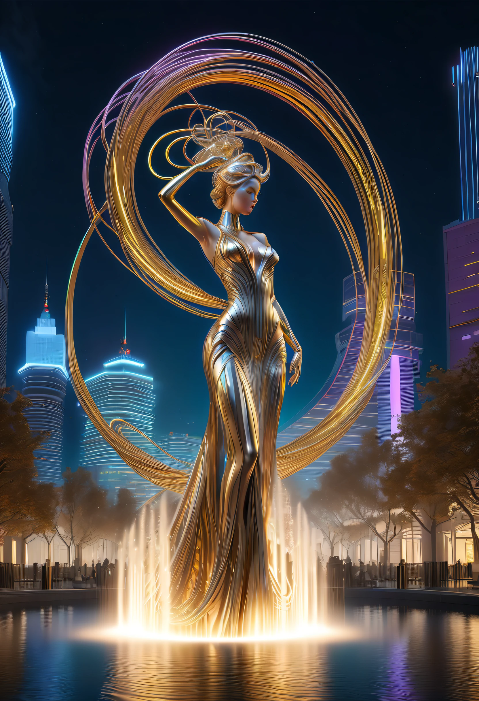 Spectacular futuristic sci-fi night fountain。Fountain erupts from steam engine,sparkling silver water column,The entire fountain looks mysterious and high-tech。 The shape of the water column in the fountain is also very futuristic.,(line art:1.5),Colored lines,Figures woven from metal threads in the city square,braided with metal thread,model shoot style,abstract painting, (extremely detaild的 CG unified 8k wallpapers), A chaotic storm of lines rises from a complex rainbow of smoke overhead, Stylized abstract portrait of beautiful girl,heavy metal style,postmodern industrial style,ultra-realistic realism,Image of beautiful woman sculpture made from thin metal wire, golden curve structure, Woman sculpture made of wire, Spiral dripping gold, Metal curve composition, Winding streets, abstract female sculpture, Small whirlpools, abstract sculpture, twist, Rotated, complex metal wires, spirals, long exposure photos, line sleek, complex light