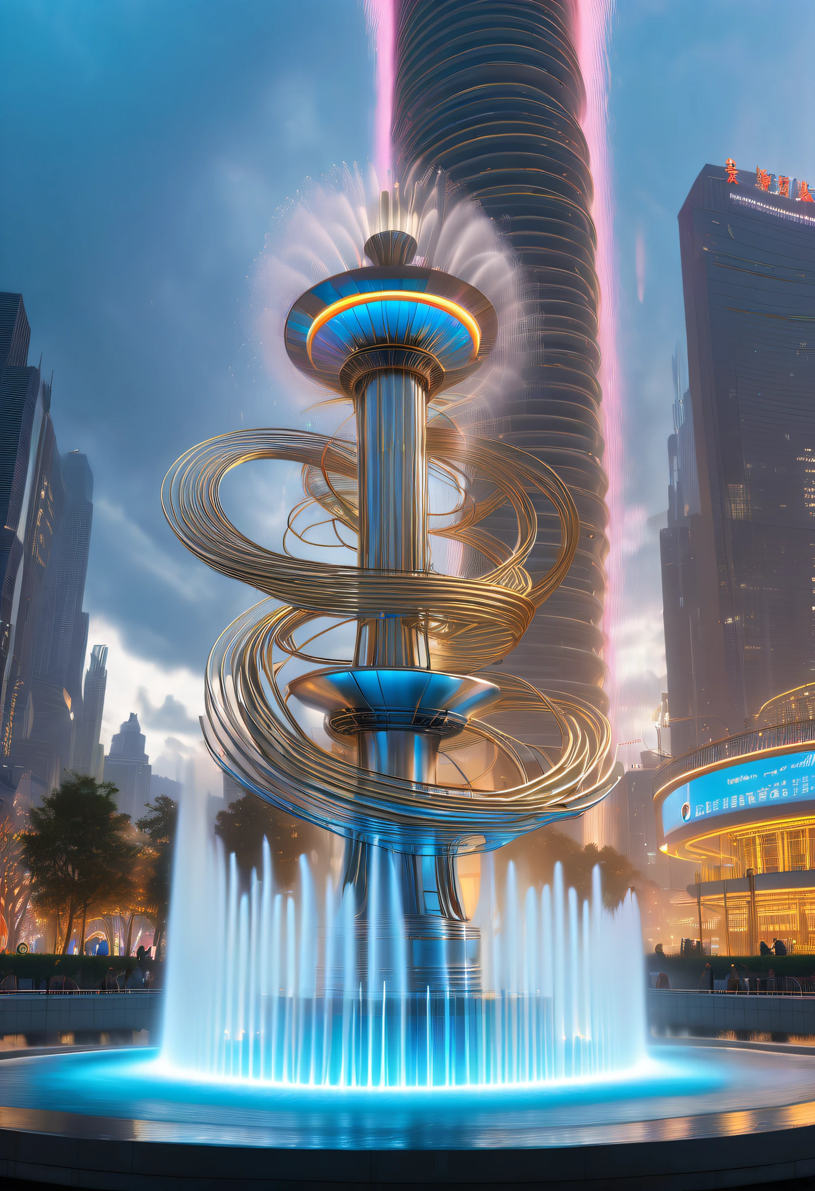 Spectacular futuristic sci-fi night fountain。Fountain erupts from steam engine,sparkling silver water column,The entire fountain looks mysterious and high-tech。 The shape of the water column in the fountain is also very futuristic.,(line art:1.5),Colored lines,Figures woven from metal threads in the city square,braided with metal thread,model shoot style,abstract painting, (extremely detaild的 CG unified 8k wallpapers), A chaotic storm of lines rises from a complex rainbow of smoke overhead, Stylized abstract portrait of beautiful girl,heavy metal style,postmodern industrial style,ultra-realistic realism,Image of beautiful woman sculpture made from thin metal wire, golden curve structure, Woman sculpture made of wire, Spiral dripping gold, Metal curve composition, Winding streets, abstract female sculpture, Small whirlpools, abstract sculpture, twist, Rotated, complex metal wires, spirals, long exposure photos, line sleek, complex light