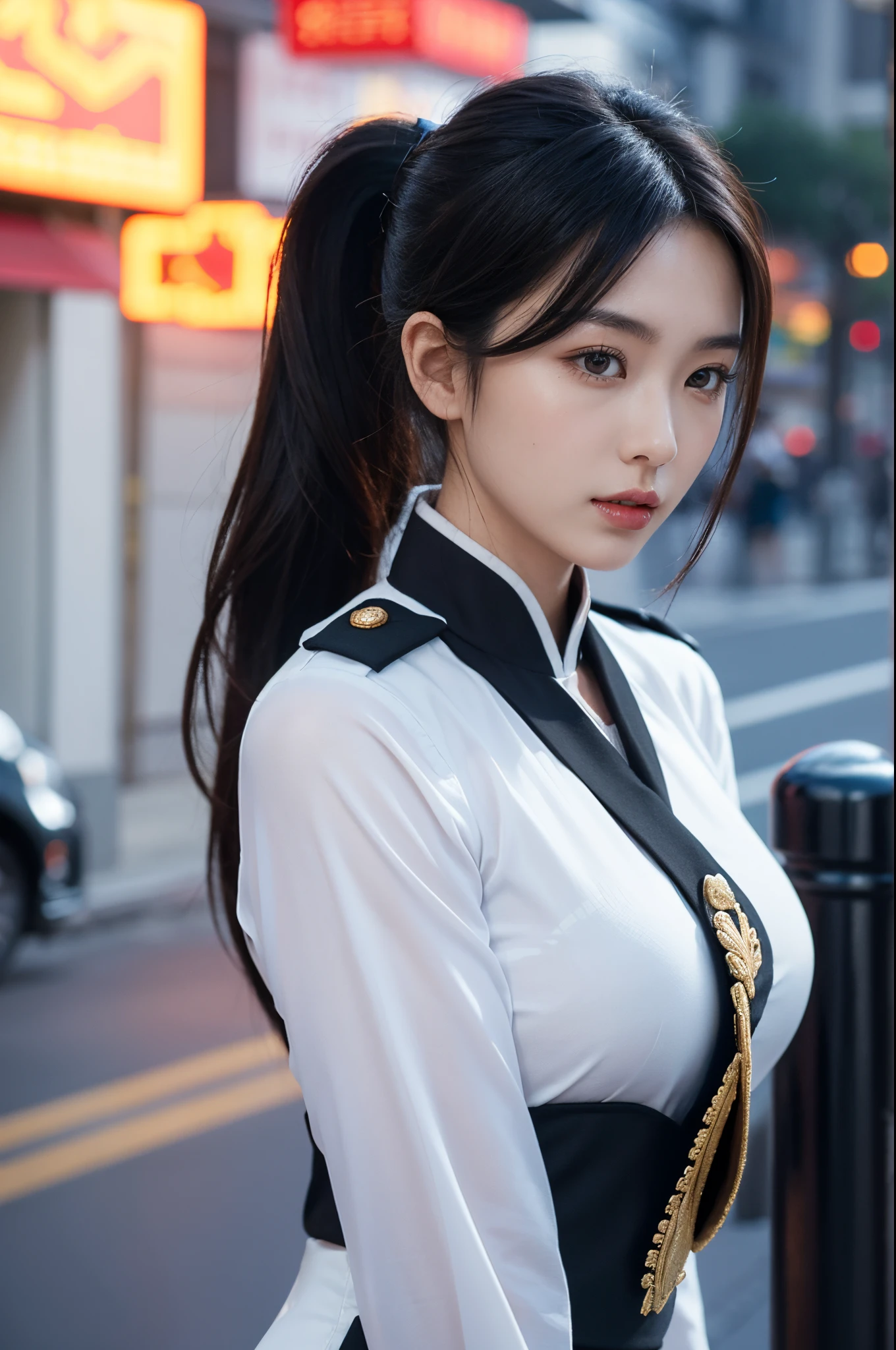 Modern Chinese women, 25 age old, Enchanting figure, police uniforms，Armor，DAY TIME, the city street，Calm and indifferent, Detailed body, Detailed faces, oily body, A gorgeous one, hyper realisitc, beautiful charming, Cute big breasts, Long ponytail hair, ambientlighting, There is fog, Winters, detailedbackground, Volumetriclighting, cel shadow, 8K