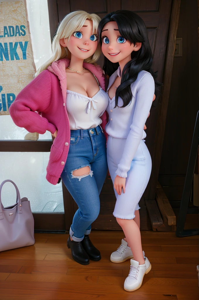 two women standing next to each other , pretty face, two models in the frame, white blonde hair, icey blue eyes, jet black hair, hazel eyes, smiling showing teeth, no cleavage