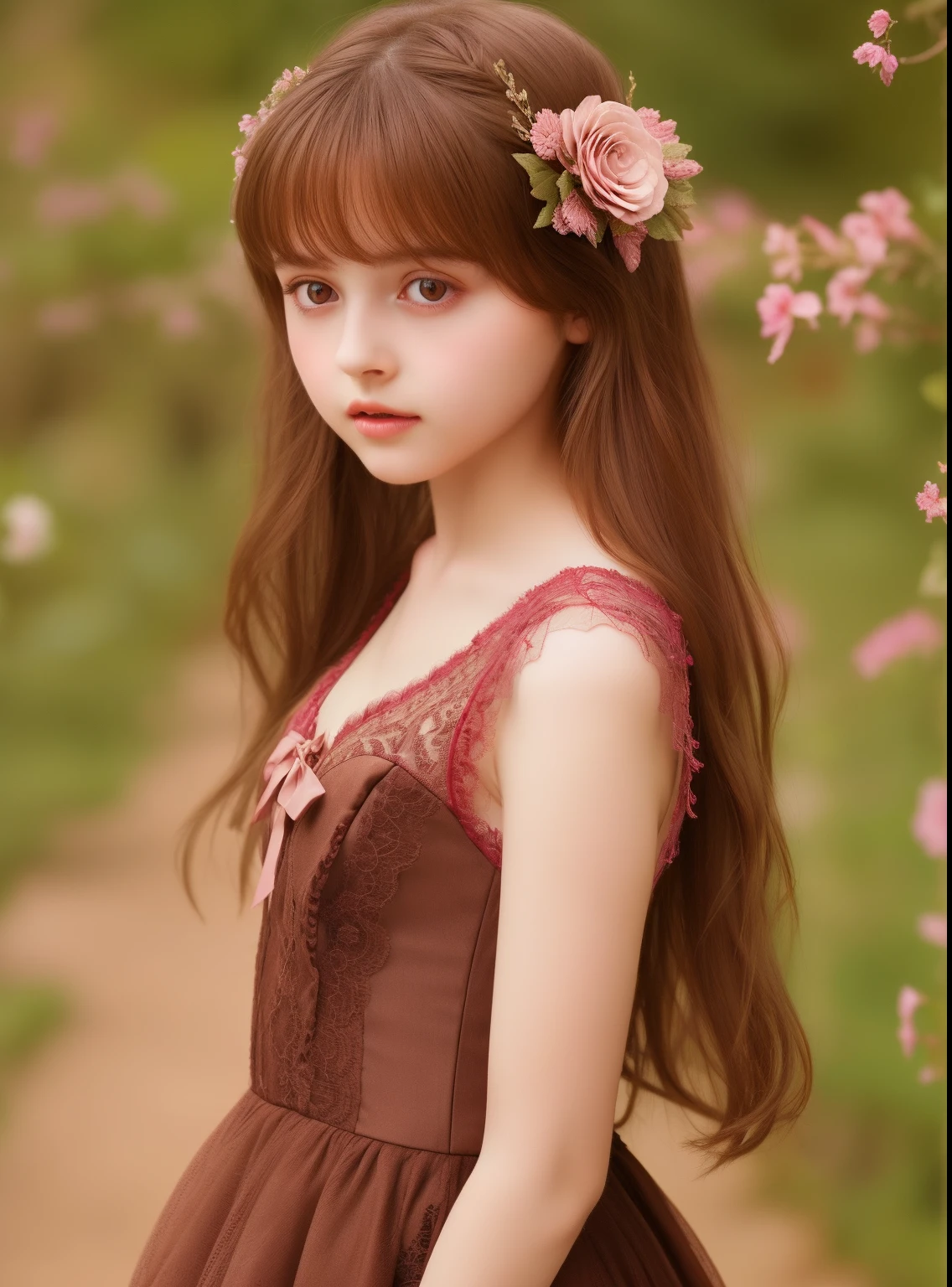 1girl, beautiful age girl, cute,small breasts, long straight brown hair,uniform, princess pink dress, lace trimmed , flowers, portrait, oil painting, modern, realistic proportions, intricate, intricate details, sharp focus