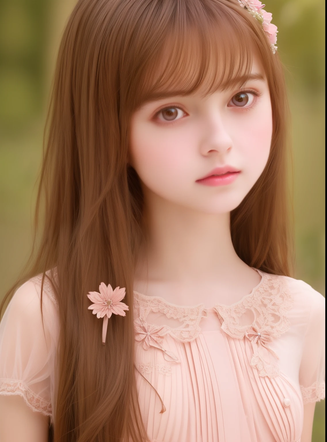 1girl, beautiful age girl, cute,small breasts, long straight brown hair,uniform, princess pink dress, lace trimmed , flowers, portrait, oil painting, modern, realistic proportions, intricate, intricate details, sharp focus