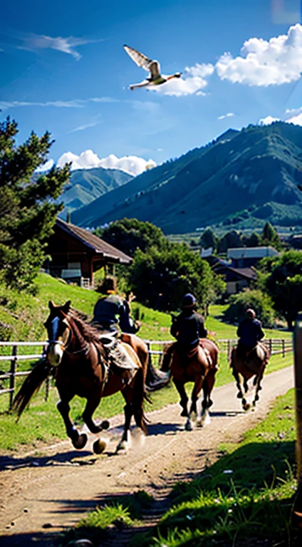 HORSES RUNNING IN THE VALLEY AND THE SKY FULL OF BIRDS.