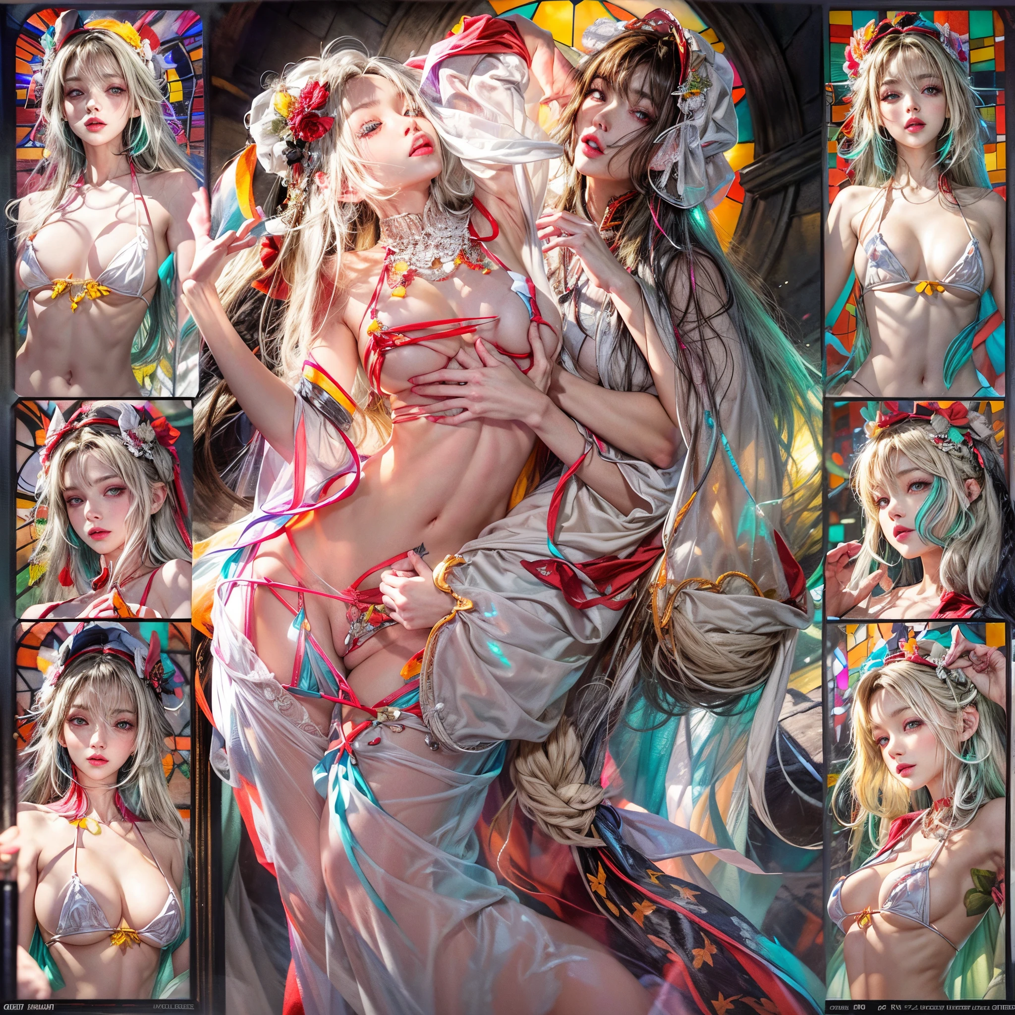 ( Masterpiece:1.25, exposed:1.2, White and vivid colors, navel), (sexy junior idol), ((face variations)), portrayed in the best quality and high resolution. The image should be ultra-detailed, realistic, and photorealistic with a touch of rawness. back lighting, colorful Light shines through delicate stained glass. The medium can be a combination of photography and concept art. The color tone should be vibrant and vivid, enhancing the overall visual impact. Whole Body proportions and all limbs are anatomically accurate, (nipple:-0.9) .