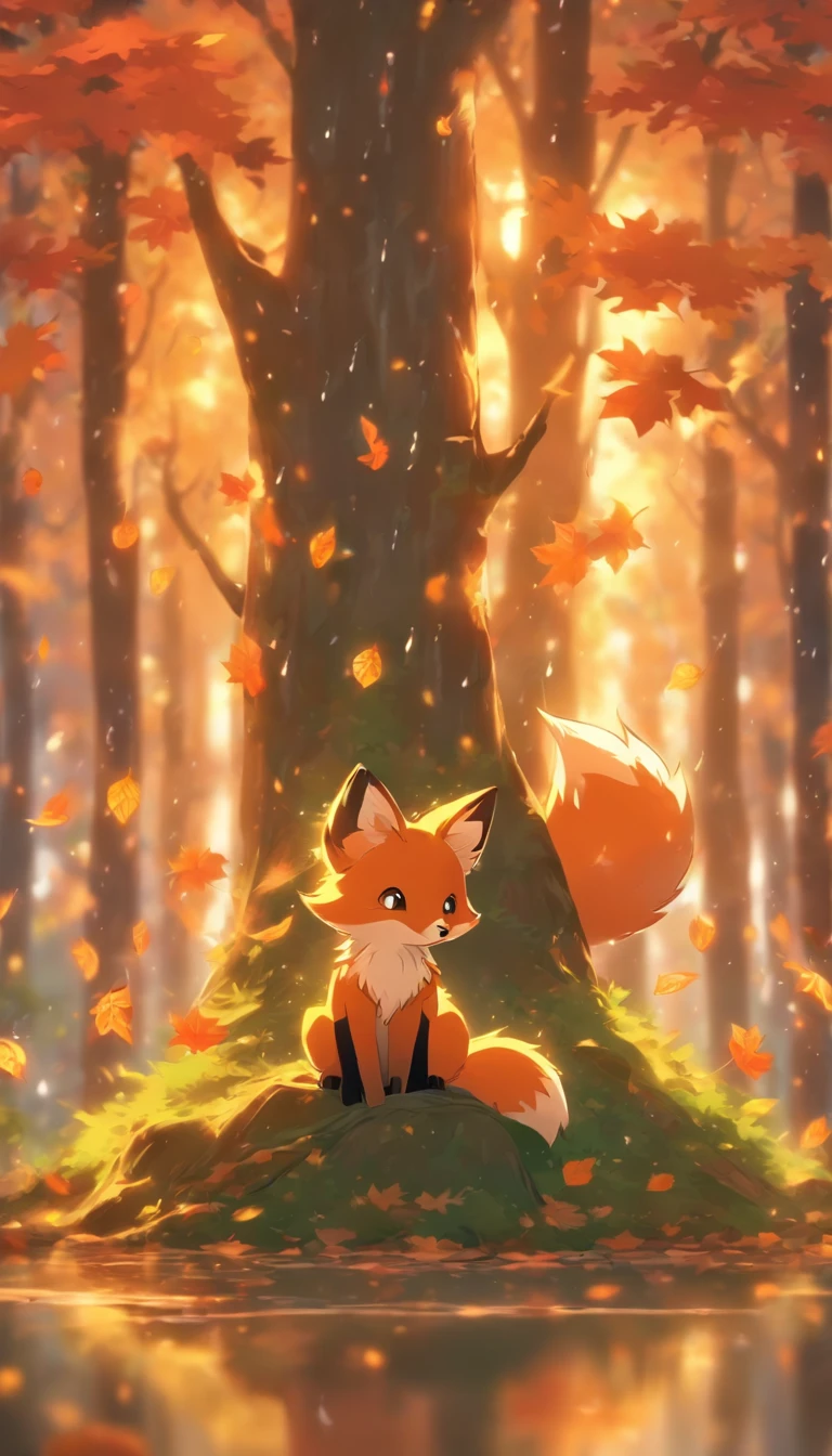 (Best quality,4K,8K,A high resolution,Masterpiece:1.2),Ultra-detailed, A lot of cereal leaves fall,Colorful autumn scenery,Lonely fox,Cute fox,autumn forest,Fox in a maple leaf cloak,Hidden fox,Tree roots,rainy days,tranquil ambiance,maple trees,fall foliage,Color fox,Dark green and orange leaves,Peaceful environment,Natural lighting,Soft raindrops,Leaves on the ground,Gentle mist,The shimmering sun shines through the woods,Majestic tree trunk,Quiet solitude,Magical atmosphere