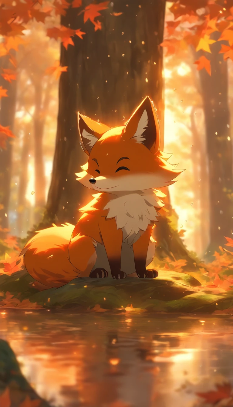 (Best quality,4K,8K,A high resolution,Masterpiece:1.2),Ultra-detailed, A lot of cereal leaves fall,Colorful autumn scenery,Lonely fox,Cute fox,autumn forest,Fox in a maple leaf cloak,Hidden fox,Tree roots,rainy days,tranquil ambiance,maple trees,fall foliage,Color fox,Dark green and orange leaves,Peaceful environment,Natural lighting,Soft raindrops,Leaves on the ground,Gentle mist,The shimmering sun shines through the woods,Majestic tree trunk,Quiet solitude,Magical atmosphere