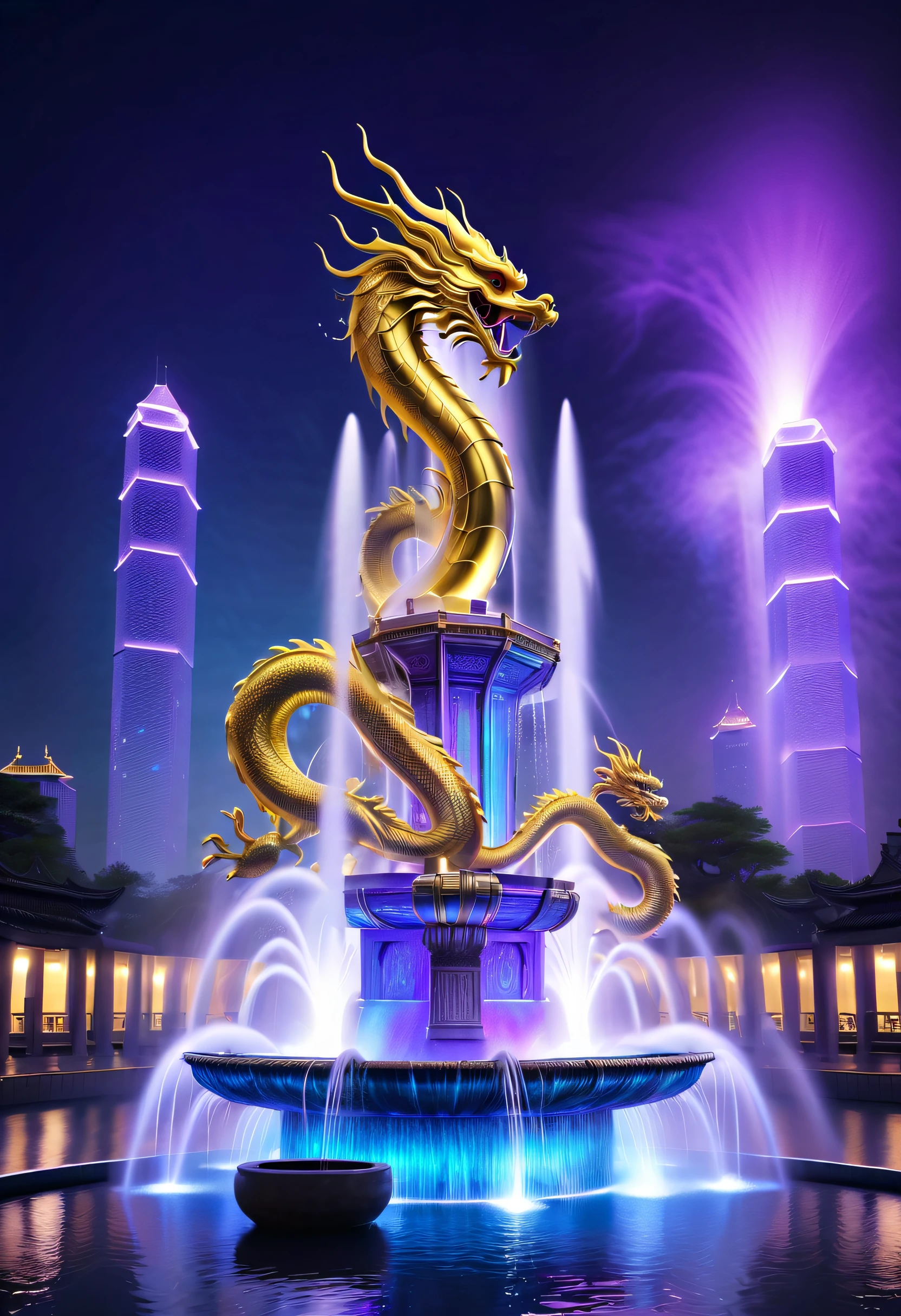 Spectacular futuristic sci-fi night fountain。Fountain erupts from steam engine，sparkling silver water column.There is a Chinese golden dragon spraying water in this water column，Emit purple energy，and emits a slight blue light，Make the entire fountain look mysterious and high-tech。 The shape of the water column in the fountain is also very futuristic.