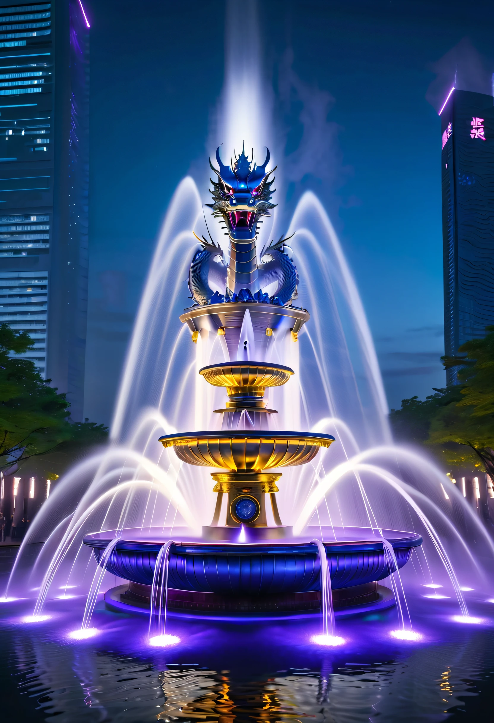 Spectacular futuristic sci-fi night fountain。Fountain erupts from steam engine,sparkling silver water column.There is a Chinese golden dragon spraying water in this water column,Emit purple energy,and emits a slight blue light,Make the entire fountain look mysterious and high-tech。 The shape of the water column in the fountain is also very futuristic.
