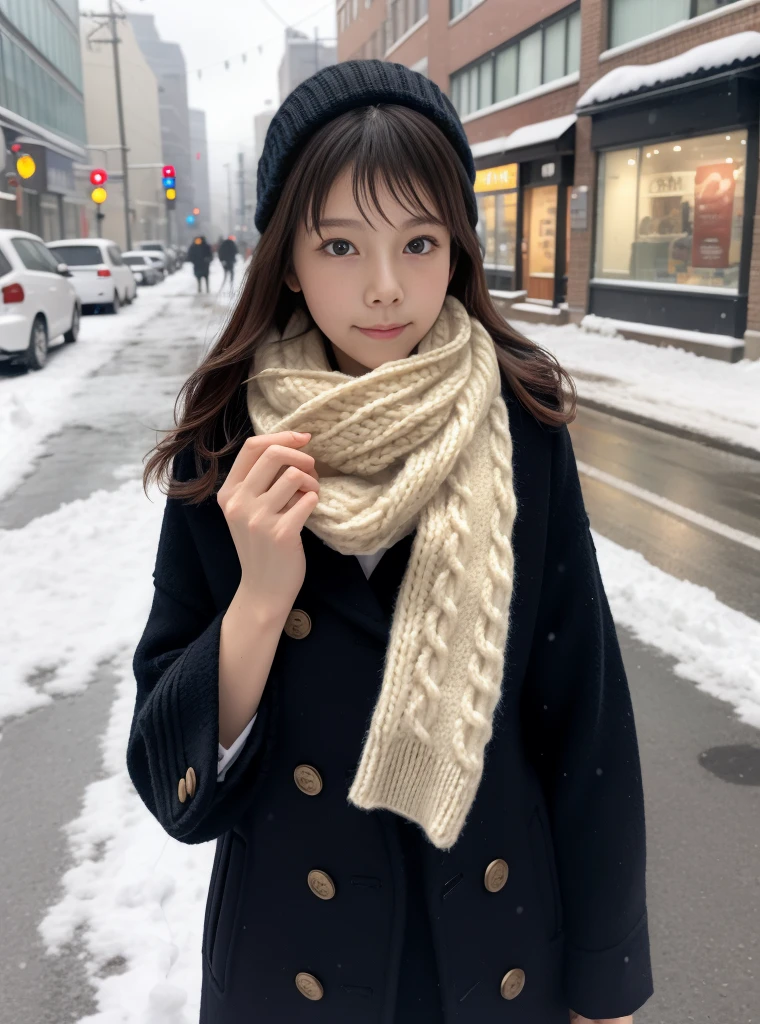 knitting, woolen scarf,snowy street,