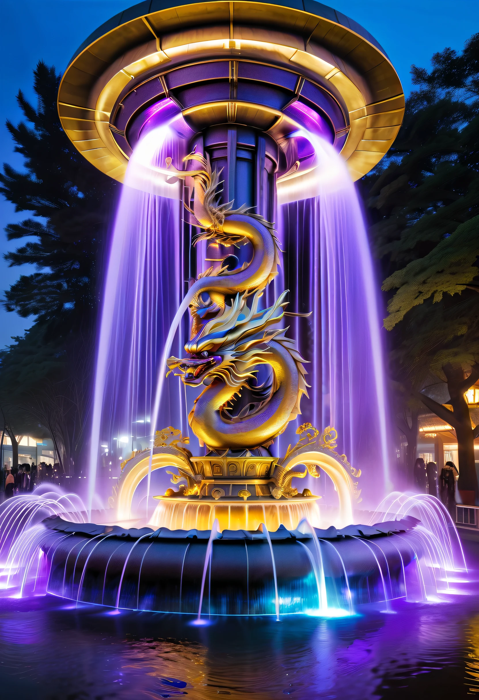 Spectacular futuristic sci-fi night fountain。Fountain erupts from steam engine，sparkling silver water column.There is a Chinese golden dragon spraying water in this water column，Emit purple energy，and emits a slight blue light，Make the entire fountain look mysterious and high-tech。 The shape of the water column in the fountain is also very futuristic.