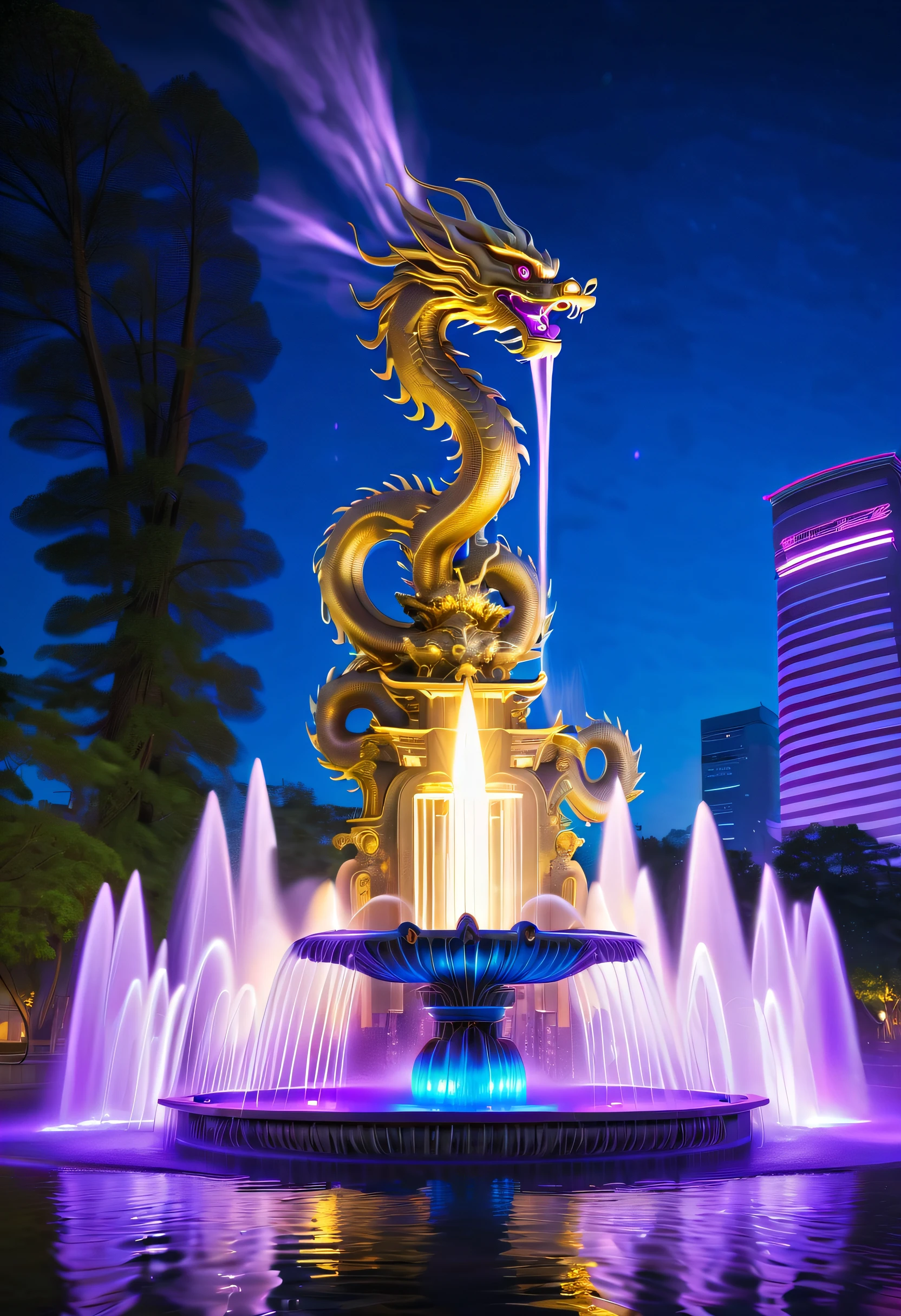 Spectacular futuristic sci-fi night fountain。Fountain erupts from steam engine，sparkling silver water column.There is a Chinese golden dragon spraying water in this water column，Emit purple energy，and emits a slight blue light，Make the entire fountain look mysterious and high-tech。 The shape of the water column in the fountain is also very futuristic.