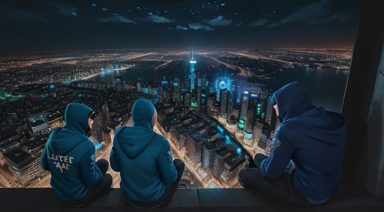 three men in blue hoodies looking down on the city from high above, blue hour at night, League of legends , riot games, illustration, concept art, trending on artstation