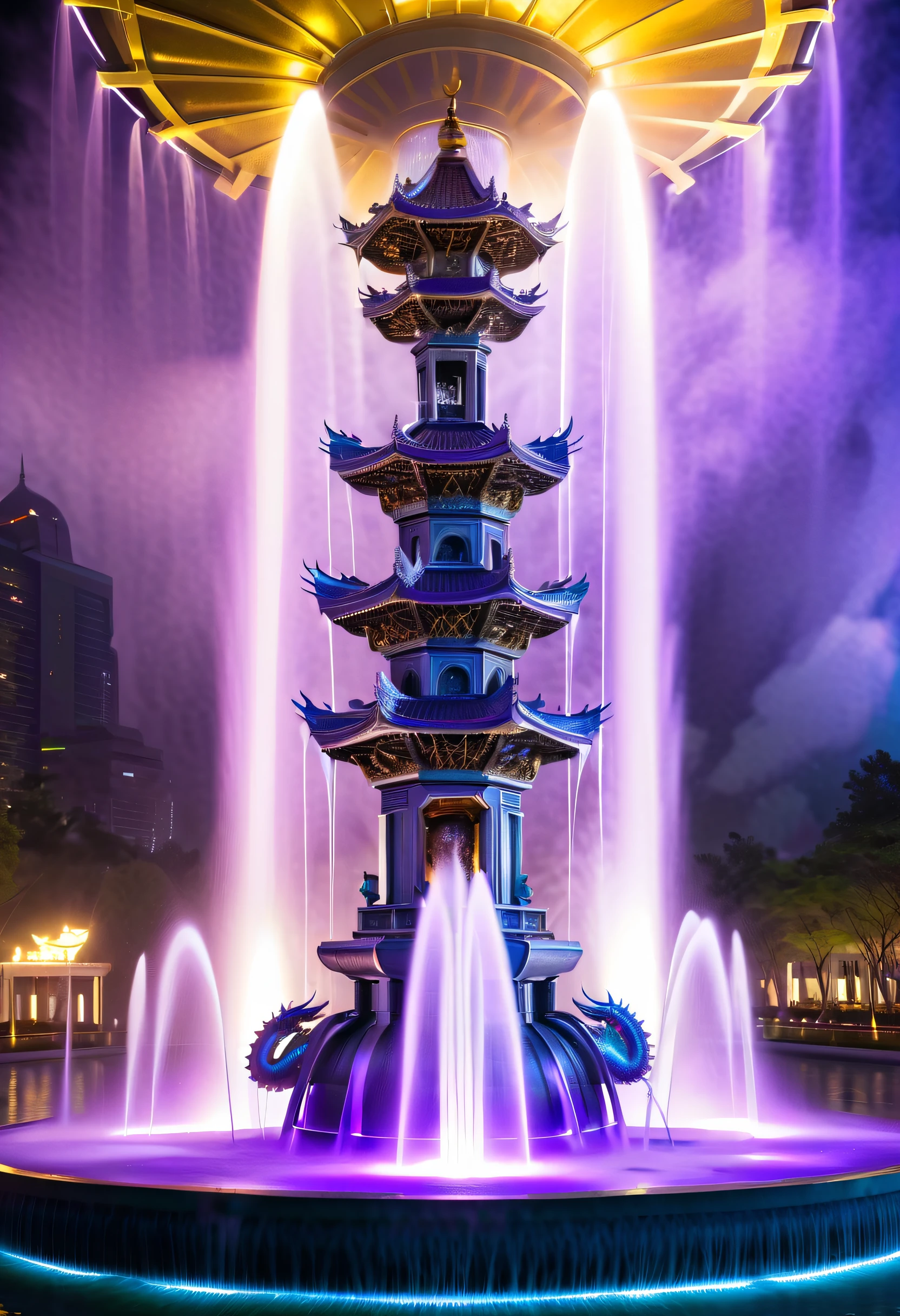 Spectacular futuristic sci-fi night fountain。Fountain erupts from steam engine,sparkling silver water column.There is a Chinese golden dragon spraying water in this water column,Emit purple energy,and emits a slight blue light,Make the entire fountain look mysterious and high-tech。 The shape of the water column in the fountain is also very futuristic.