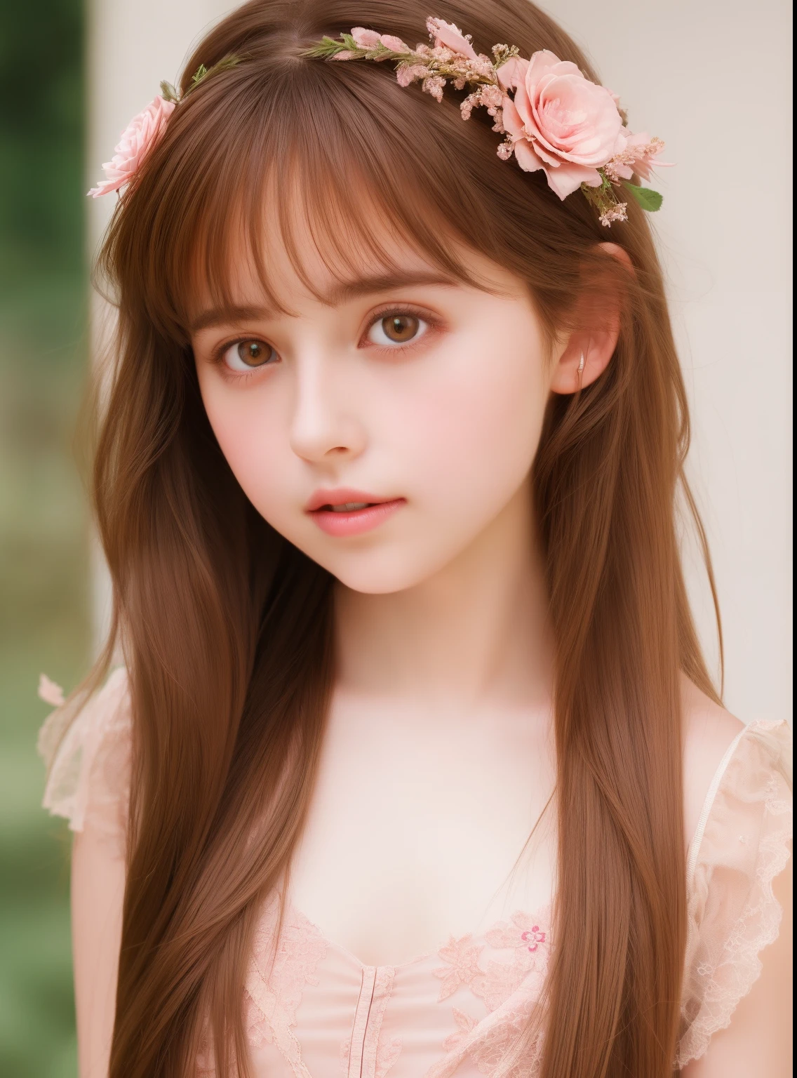 1girl, beautiful age girl, cute,small breasts, long straight brown hair,uniform, princess pink dress, lace trimmed , flowers, portrait, oil painting, modern, realistic proportions, intricate, intricate details, sharp focus
