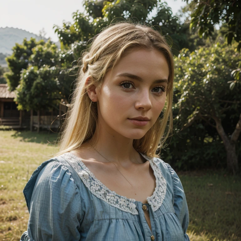 best quality, master part, Realistic photo, detalhes intrincados, Foto RAW, ultra detalhado, Young woman the old fashioned way, with peasant style dress, sem decotes, blonde hair, Detalhes perfeitos e olhos azuis, Caminhando em uma cidade velha, Qualidade HD, 8k, young woman, 20 anos