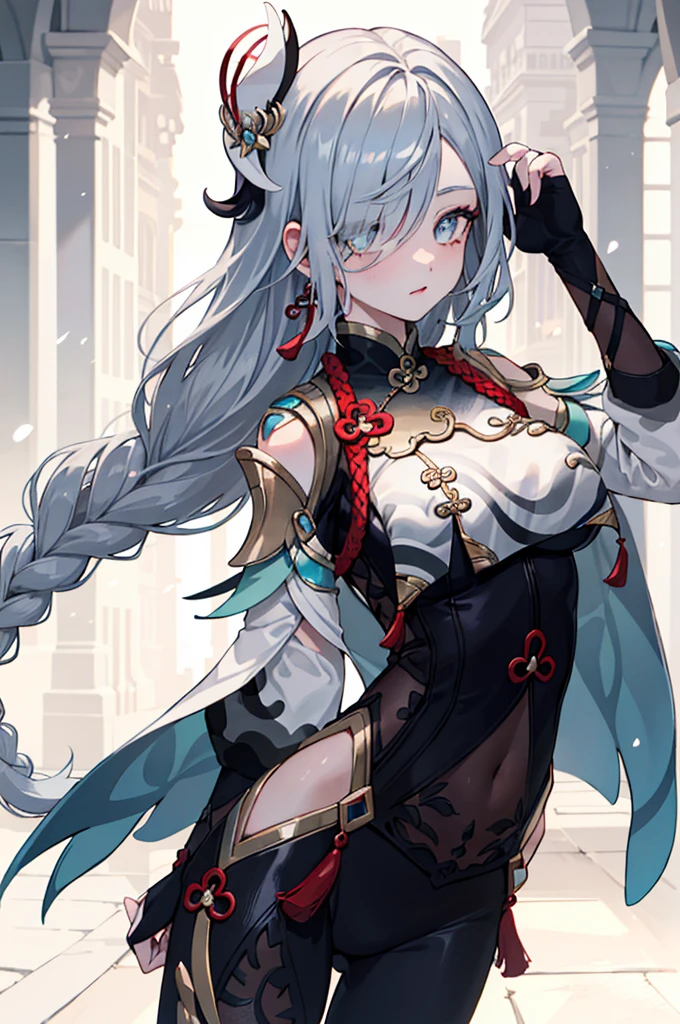 (masterpiece, best quality:1.2), highres, absurdres, high quality, very asthetic, fine and intricate details,
1girl, tall female, mature female, vita \(honkai impact\),
hair ornament, long hair,  dark-green hair, grey hair, hair between eyes, hair flower, bangs
red eyes, pink eyes, symbol-shaped pupils, yellow pupils,  looking at viewer, teasing, half-closed eyes,
jewelry, earrings,
large breasts,  narrow waist, thighs.  wide hips,
center opening,
black dress, white sleeves,  gold pattern, gold trim, frills,
asymmetrical legwear, asymmetrical pants, tight pants, one leg covered, 
flower,
feet out of frame,
standing, dutch angle, hand up, 
scenery, outdoors, 
