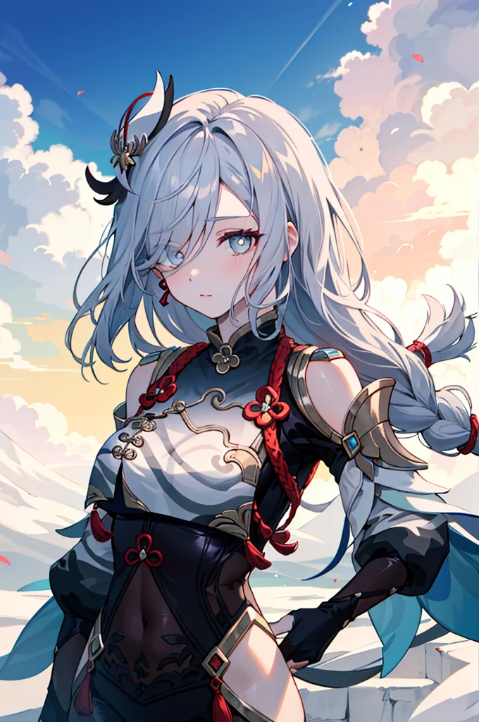 Shenhedef, parte superior do corpo, olhar sedutor, corar, ao ar livre, snowflake scenery, Olhando para o Viewer, Nublado, Moody Lighting, (olhos de detalhe perfeitos:1.2), olhos brilhantes, (long hair a braid:1.2), efeito de habilidade elementar, (master part, best quality, alta qualidade:1.4), arte profissional, detalhes intrincados, field of view, foco nítido, pintura detalhada, photorealistic lighting, trending on pixiv, (vivid illumination, cores vibrantes:1.05), sombras realistas, Ambient occlusion, (corpo atletico:1.3), mulher madura, 30 anos,