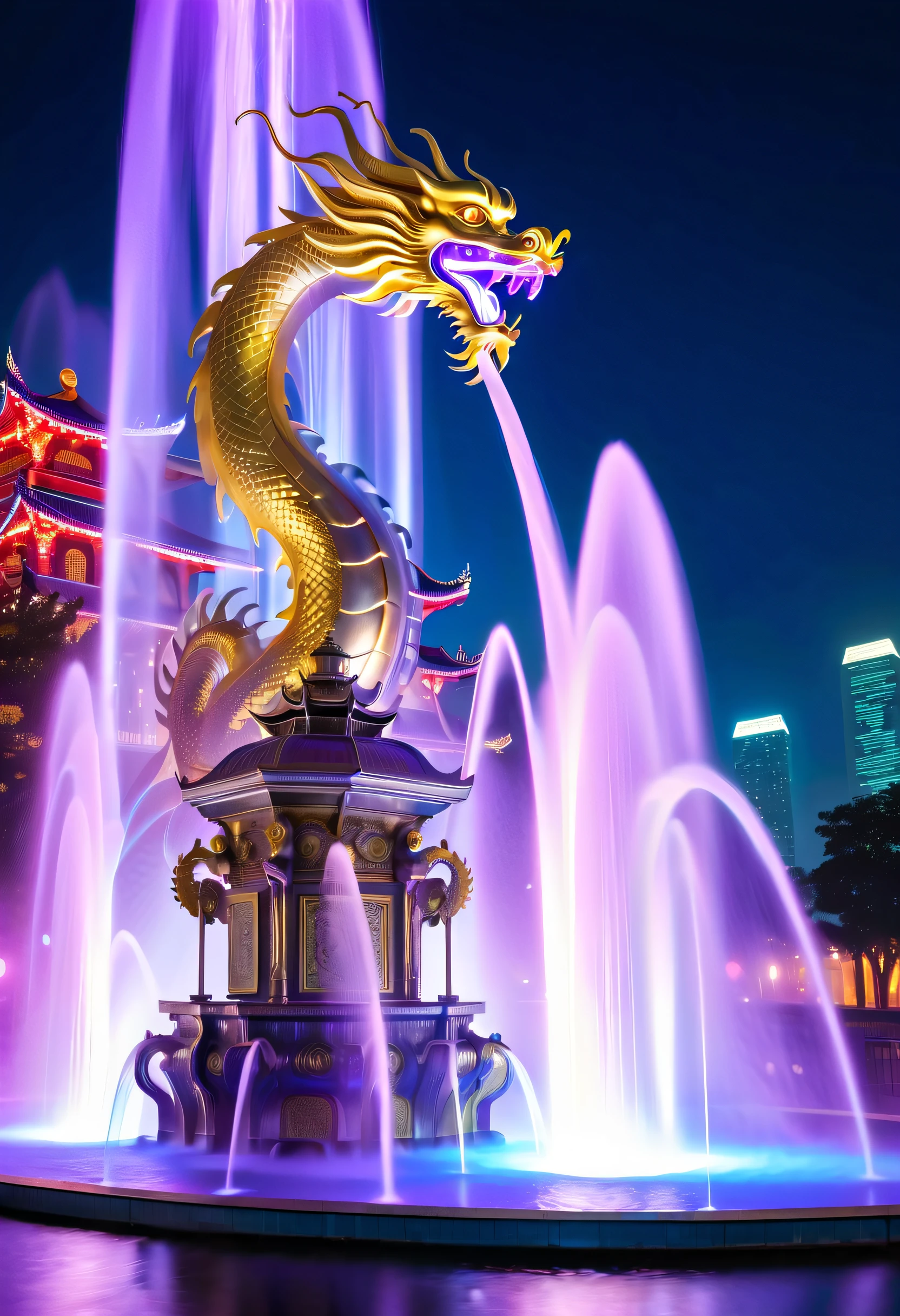Spectacular futuristic sci-fi night fountain。Fountain erupts from steam engine,sparkling silver water column.There is a Chinese golden dragon spraying water in this water column,Emit purple energy,and emits a slight blue light,Make the entire fountain look mysterious and high-tech。 The shape of the water column in the fountain is also very futuristic.