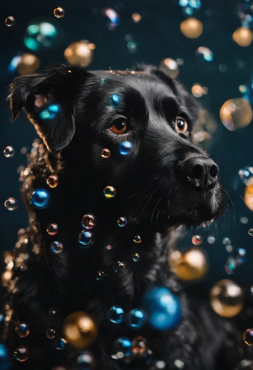 A photo of Jinjin covered in bubbles, looking surprised,original,ugly dog, small, black