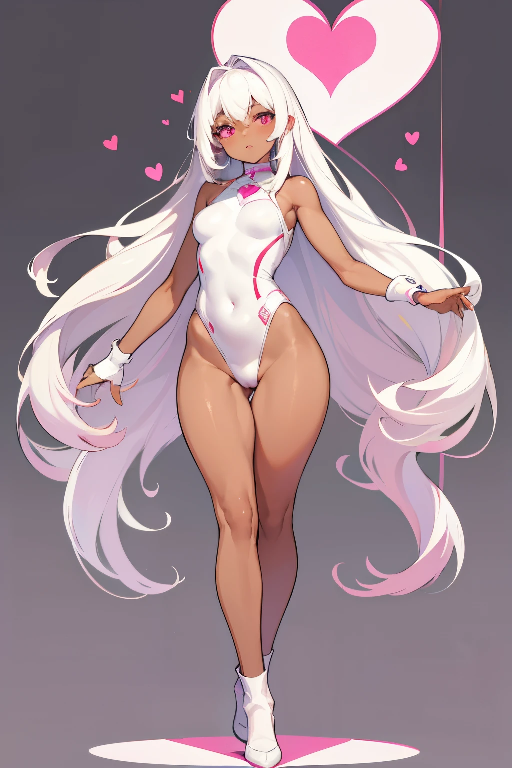 full body, (masterpiece, best quality), curvy body, (heart), young girl, white hair, dark skin. pink eyes, long hair, white leotard, small breast,