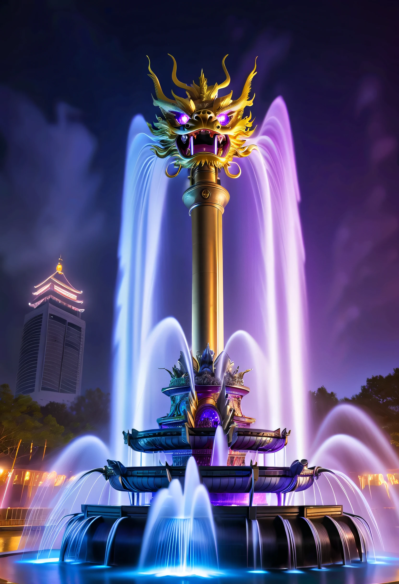 Spectacular futuristic sci-fi night fountain。Fountain erupts from steam engine，sparkling silver water column.There is a Chinese golden dragon spraying water in this water column，Exudes eerie energy，and emits a slight blue light，Make the entire fountain look mysterious and high-tech。 The shape of the water column in the fountain is also very futuristic.