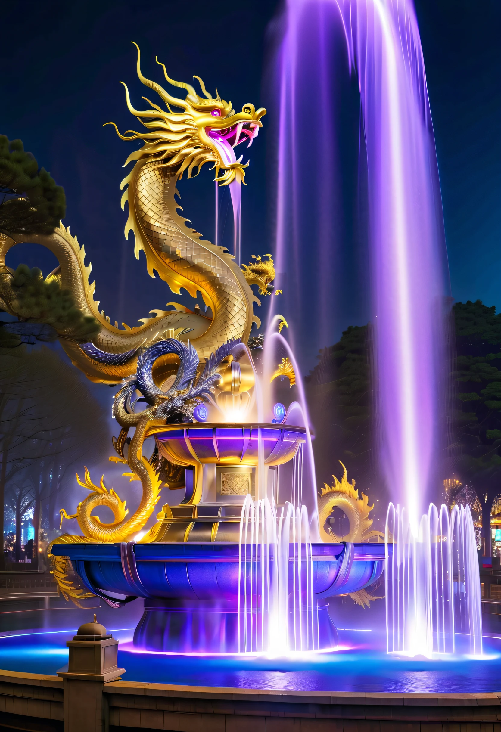 Spectacular futuristic sci-fi night fountain。Fountain erupts from steam engine，sparkling silver water column.There is a Chinese golden dragon spraying water in this water column，Exudes eerie energy，and emits a slight blue light，Make the entire fountain look mysterious and high-tech。 The shape of the water column in the fountain is also very futuristic.