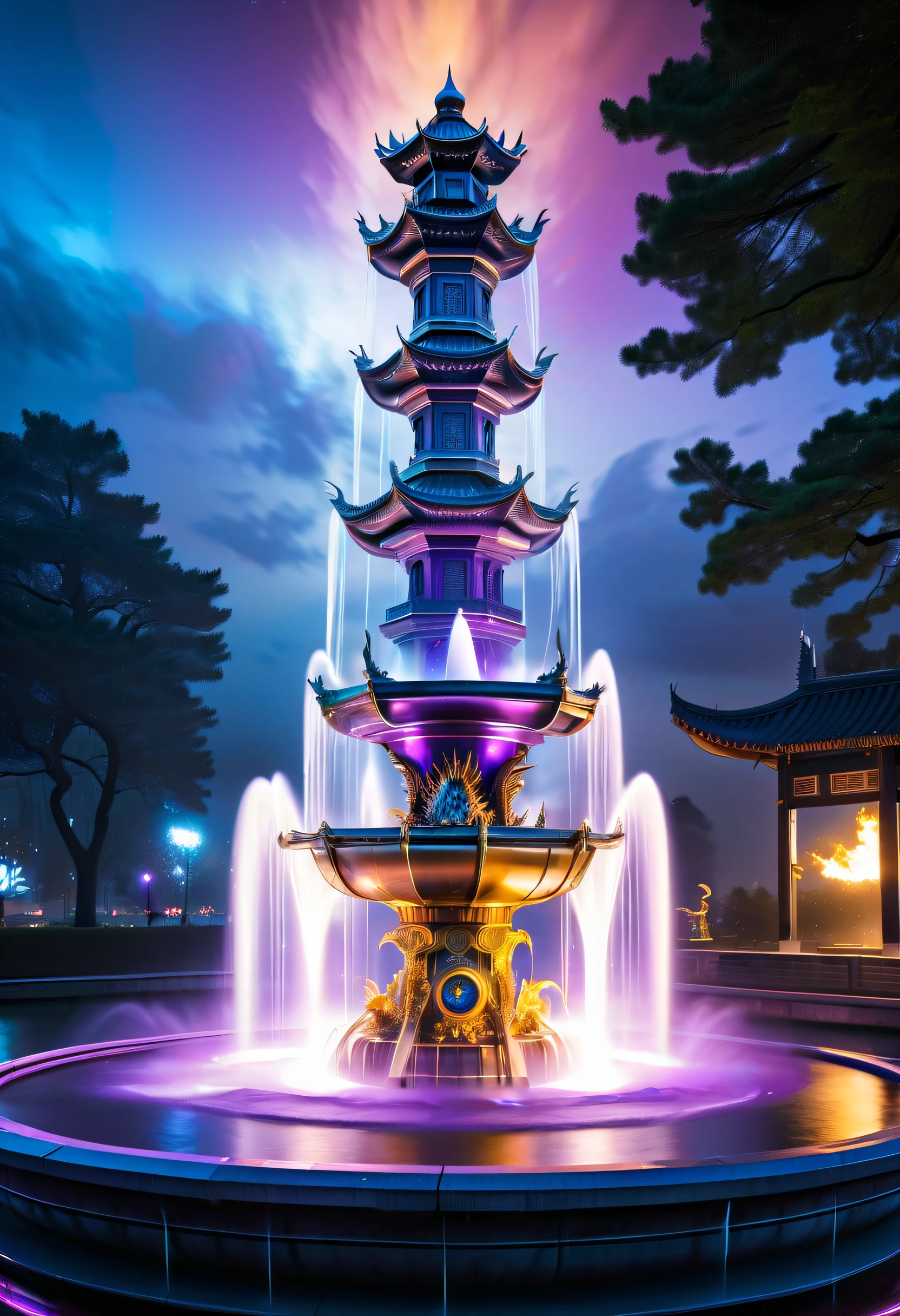 Spectacular futuristic sci-fi night fountain。Fountain erupts from steam engine，sparkling silver water column.There is a Chinese golden dragon spraying water in this water column，Exudes eerie energy，and emits a slight blue light，Make the entire fountain look mysterious and high-tech。 The shape of the water column in the fountain is also very futuristic.