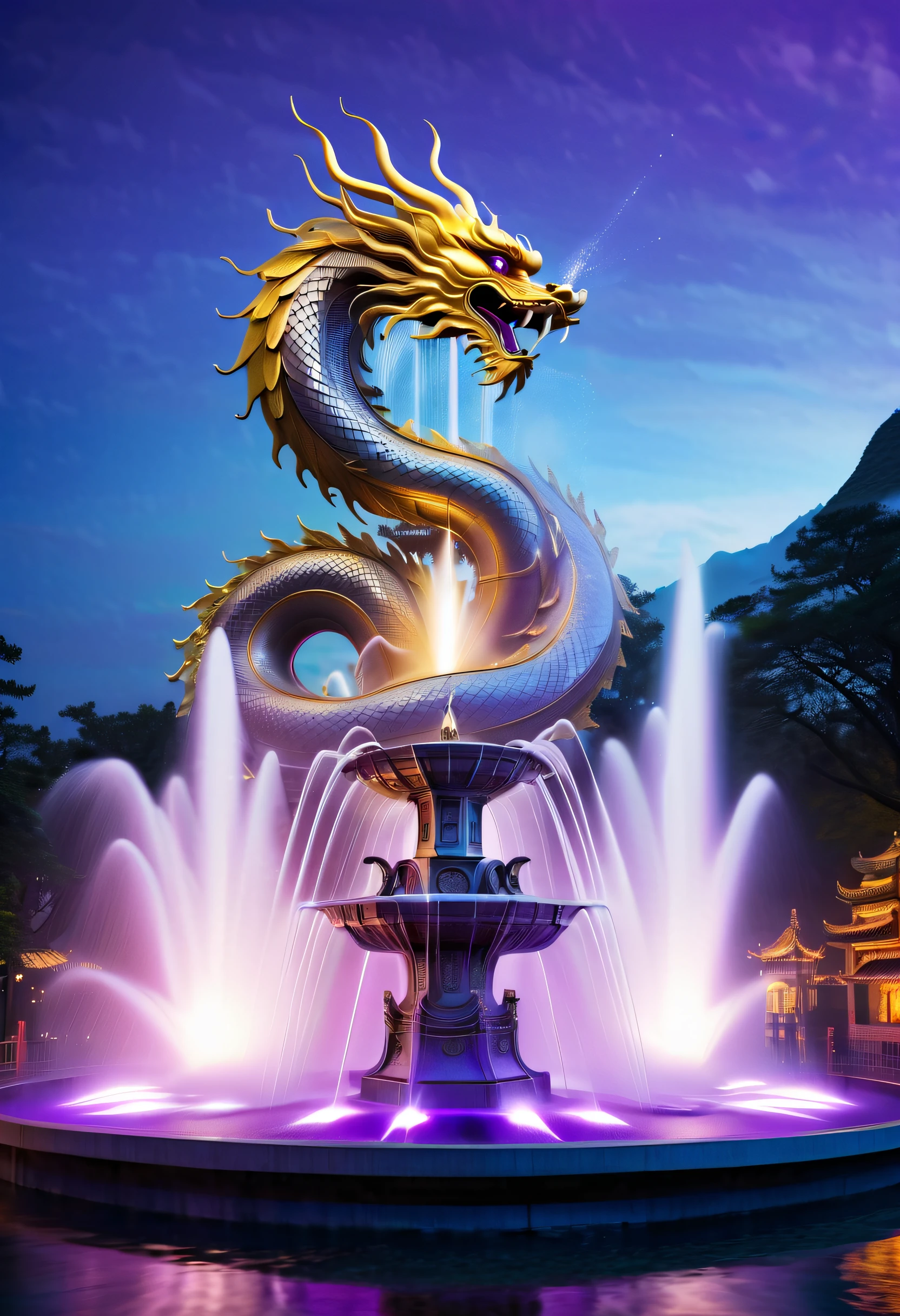 Spectacular futuristic sci-fi night fountain。Fountain erupts from steam engine，sparkling silver water column.There is a Chinese golden dragon spraying water in this water column，Exudes eerie energy，and emits a slight blue light，Make the entire fountain look mysterious and high-tech。 The shape of the water column in the fountain is also very futuristic.