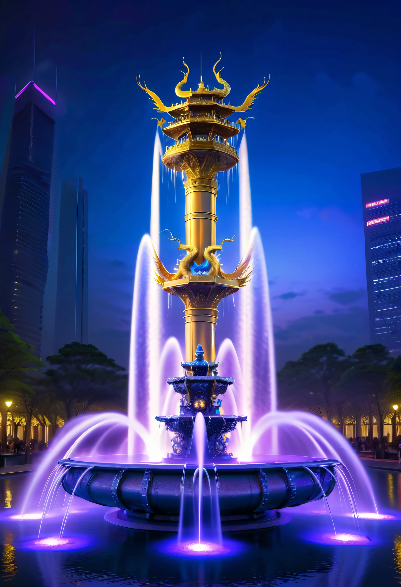 Spectacular futuristic sci-fi night fountain。Fountain erupts from steam engine，sparkling silver water column.There is a Chinese golden dragon spraying water in this water column，Exudes eerie energy，and emits a slight blue light，Make the entire fountain look mysterious and high-tech。 The shape of the water column in the fountain is also very futuristic.