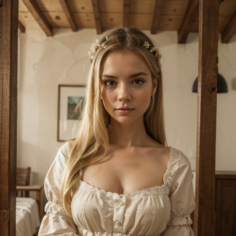 best quality, master part, Realistic photo, detalhes intrincados, Foto RAW, ultra detalhado, Young woman the old fashioned way, with peasant style dress, com decotes, blonde hair, Detalhes perfeitos e olhos azuis, em uma sala moderna, Qualidade HD, 8k, young woman, 22 anos, German