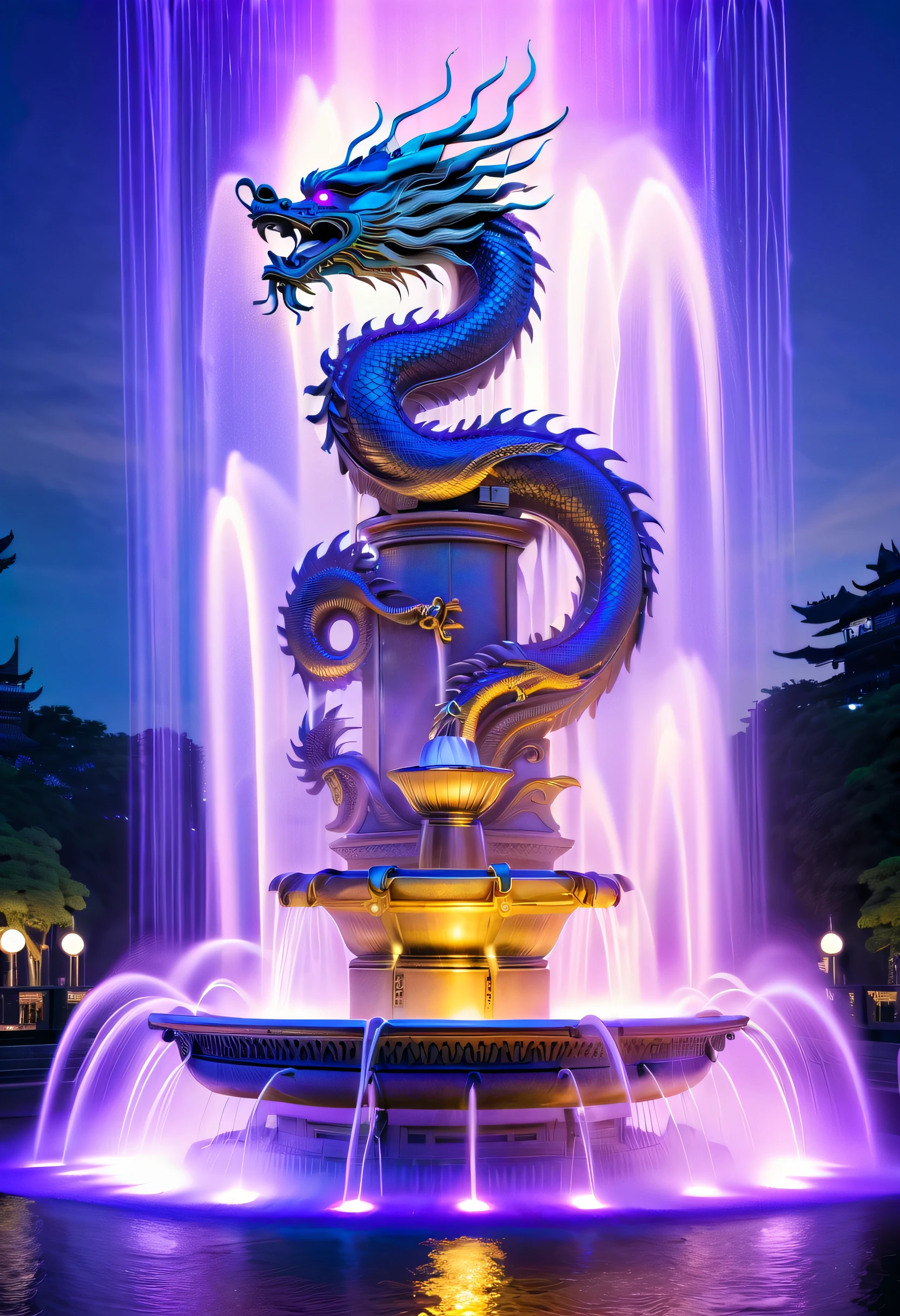 Spectacular futuristic sci-fi night fountain。Fountain erupts from steam engine，sparkling silver water column.There is a Chinese golden dragon spraying water in this water column，Emit purple energy，and emits a slight blue light，Make the entire fountain look mysterious and high-tech。 The shape of the water column in the fountain is also very futuristic.