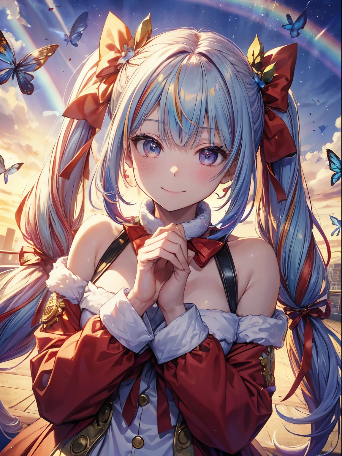 Santa Cosplay、yuki、Christmas tree、(masutepiece:1.3), (8K, Photorealistic, Raw photo, Best Quality: 1.4), Beautiful face, (Realistic face), Beautiful detailed eyes, (Realistic skin), Attractive, Intricate details,Golden ratio, 1 girl,Naughty smile, (rainbow hair:1.4),((Long twintails,Ribbon 1.4)),Santa Cosplay(Blue Butterfly Hair Ornament 1.3)Dynamic Pose,Dynamic Angle,Intricate details, Hyper realistic、A smile、Smiling、Strong face、the morning sun、Luz Divina、Deities、Heaven、rainbows