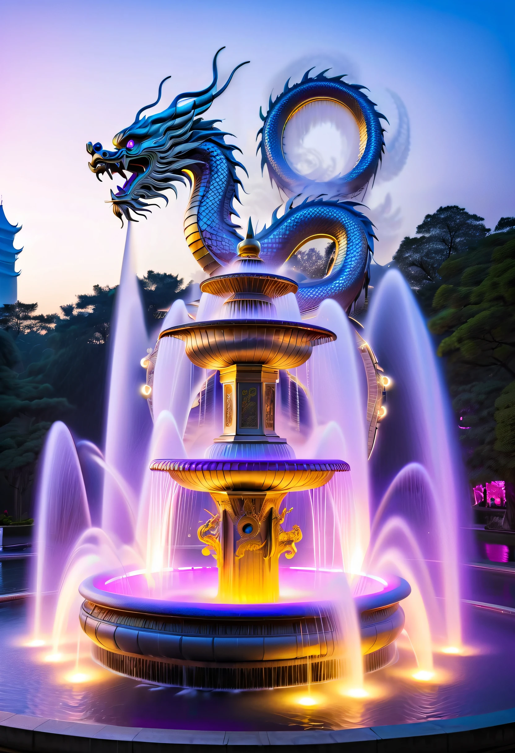 Spectacular futuristic sci-fi night fountain。Fountain erupts from steam engine，sparkling silver water column.There is a Chinese golden dragon spraying water in this water column，Exudes eerie energy，and emits a slight blue light，Make the entire fountain look mysterious and high-tech。 The shape of the water column in the fountain is also very futuristic.