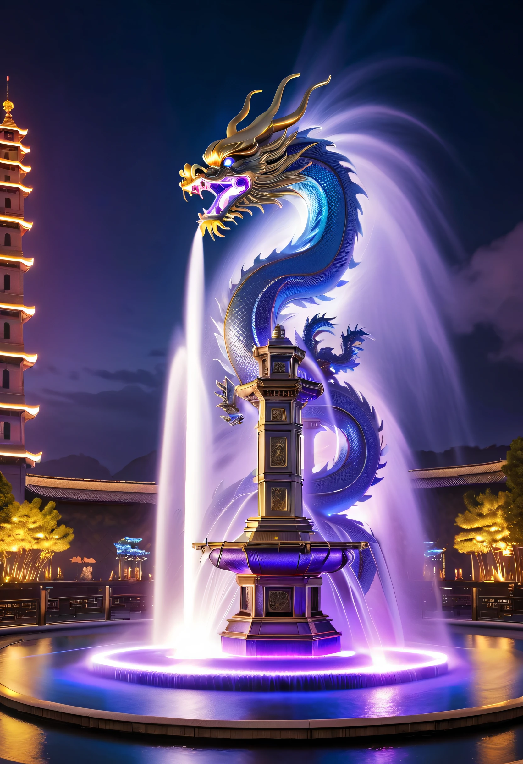 Spectacular futuristic sci-fi night fountain。Fountain erupts from steam engine,sparkling silver water column.There is a Chinese golden dragon spraying water in this water column,Emit purple energy,and emits a slight blue light,Make the entire fountain look mysterious and high-tech。 The shape of the water column in the fountain is also very futuristic.