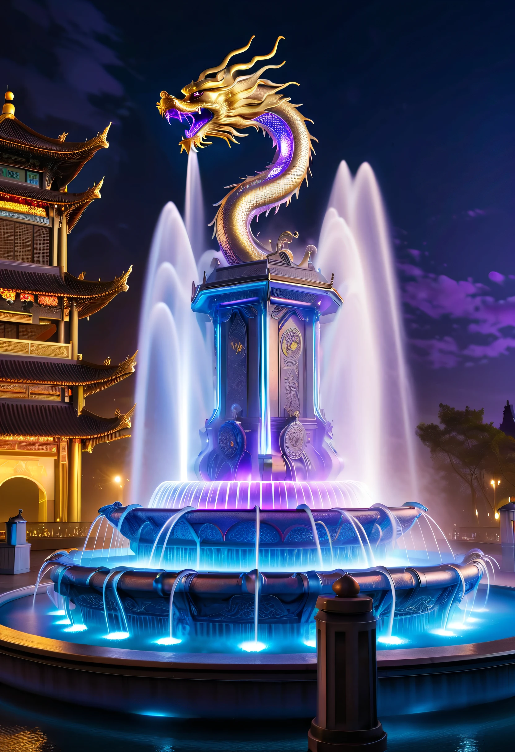 Spectacular futuristic sci-fi night fountain。Fountain erupts from steam engine，sparkling silver water column.There is a Chinese golden dragon spraying water in this water column，Emit purple energy，and emits a slight blue light，Make the entire fountain look mysterious and high-tech。 The shape of the water column in the fountain is also very futuristic.