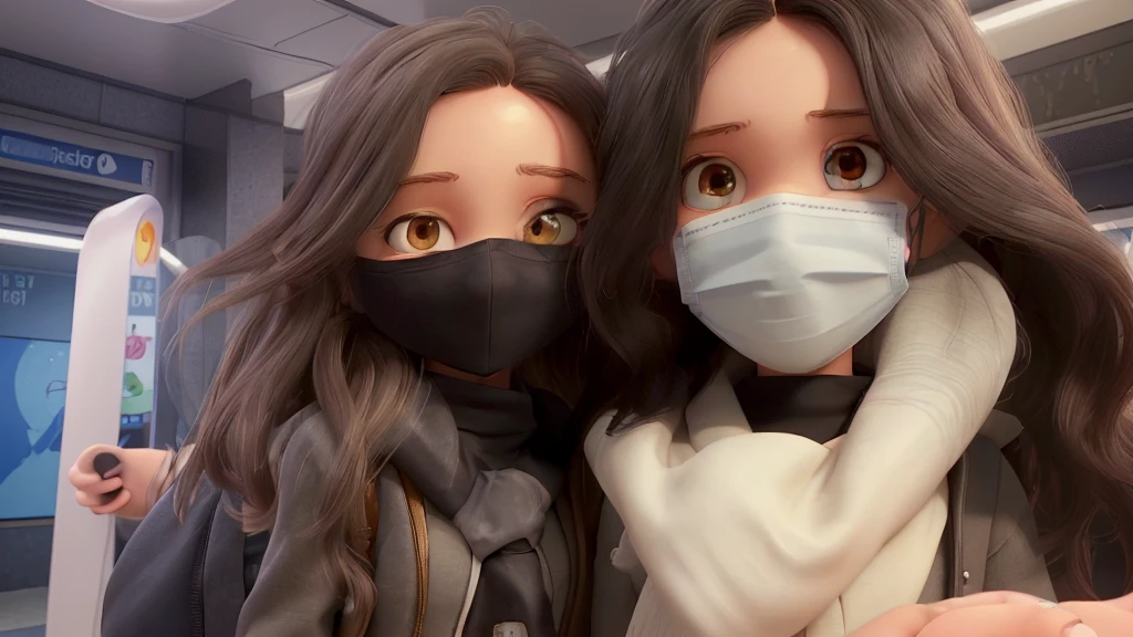 A selfie taken in the metro station. Two girlfriends taking a selfie next to each other. The girl on the left has long, brown, wavy hair, hazel eyes and wheatish skin. she is smiling. she is wearing a black puffer jacket made of shiny and smooth fabric. Because the girl smiles, her eye bags are visible. The girl on the right has medium-length black hair with curtain bangs. The girl on the right has white skin. she has slanted and black eyes. her face is longer than the girl on the left, and the face of the girl on the right is wider. The girl on the right is wearing a gray puffer jacket. The girl on the right has a white woolen shawl wrapped around her neck. There are small gray lines on the right side of the shawl. Since the girl on the right took the selfie, she is closer to the camera. The girl on the left has a black surgical mask on her face, and the girl on the right has a white surgical mask on her face. There is a column in the background because they are in a subway station. There is a diagram of metro stops on this column. The roof of the metro station is visible on the ceiling.