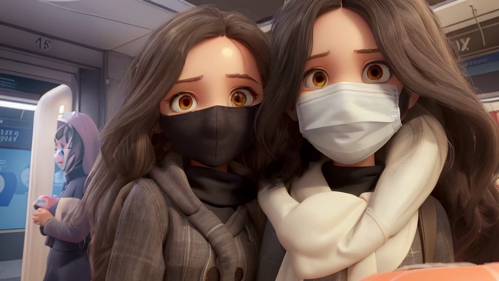 A selfie taken in the metro station. Two girlfriends taking a selfie next to each other. The girl on the left has long, brown, wavy hair, hazel eyes and wheatish skin. she is smiling. she is wearing a black puffer jacket made of shiny and smooth fabric. Because the girl smiles, her eye bags are visible. The girl on the right has medium-length black hair with curtain bangs. The girl on the right has white skin. she has slanted and black eyes. her face is longer than the girl on the left, and the face of the girl on the right is wider. The girl on the right is wearing a gray puffer jacket. The girl on the right has a white woolen shawl wrapped around her neck. There are small gray lines on the right side of the shawl. Since the girl on the right took the selfie, she is closer to the camera. The girl on the left has a black surgical mask on her face, and the girl on the right has a white surgical mask on her face. There is a column in the background because they are in a subway station. There is a diagram of metro stops on this column. The roof of the metro station is visible on the ceiling.