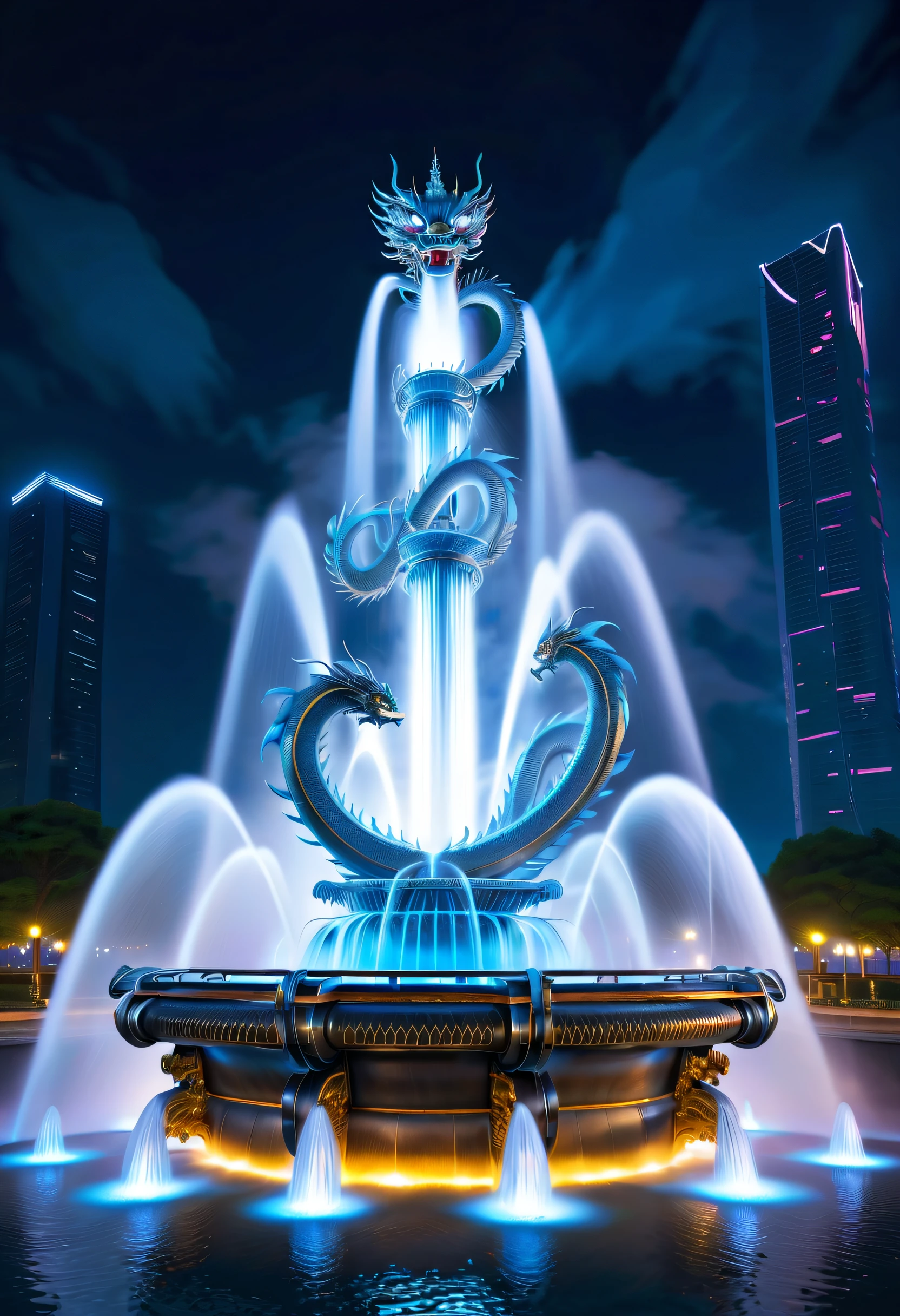 Spectacular futuristic sci-fi night fountain。Fountain erupts from steam engine，sparkling silver water column.There is a Chinese golden dragon spraying water in this water column，Exudes eerie energy，and emits a slight blue light，Make the entire fountain look mysterious and high-tech。 The shape of the water column in the fountain is also very futuristic.